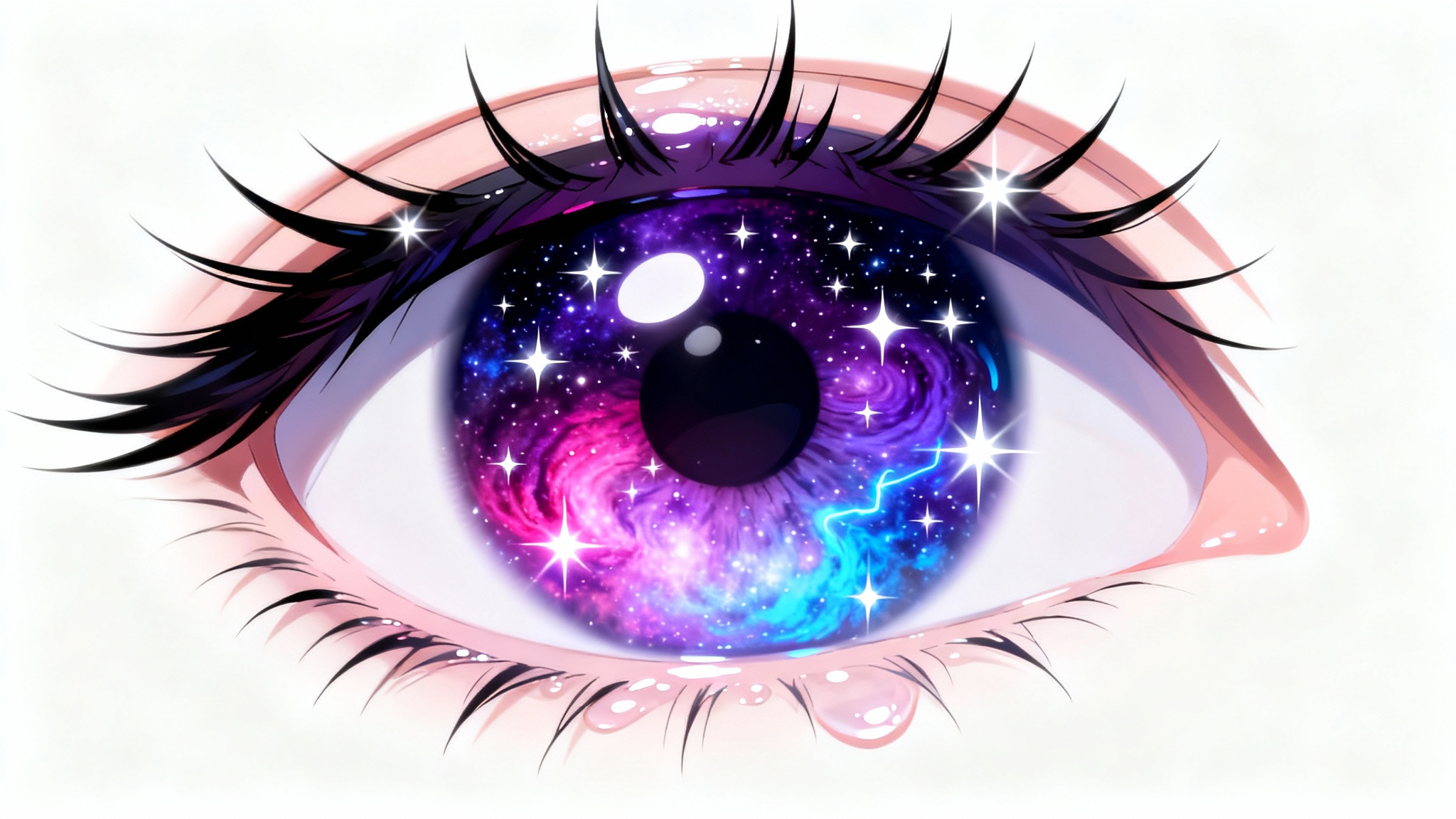 An extreme close-up of a pair of large anime eyes with a detailed galaxy pattern in the irises, showcasing vibrant purples and blues, against a plain white background.