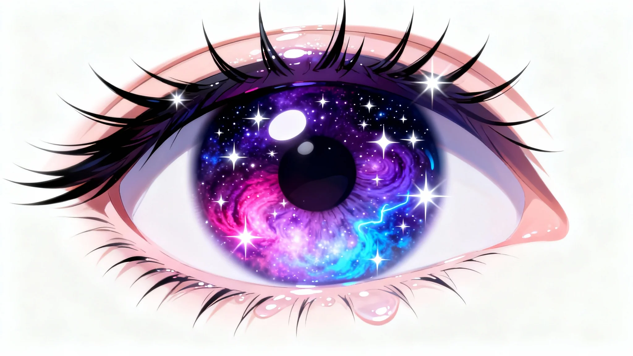 An extreme close-up of a pair of large anime eyes with a detailed galaxy pattern in the irises, showcasing vibrant purples and blues, against a plain white background.