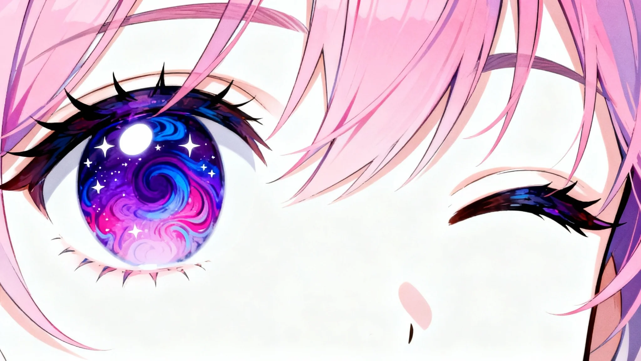 An extreme close-up of a pair of large, expressive anime-style eyes on a white background. The left eye is open, showing a detailed, galaxy-patterned iris in purple and blue, while the right eye is winking.