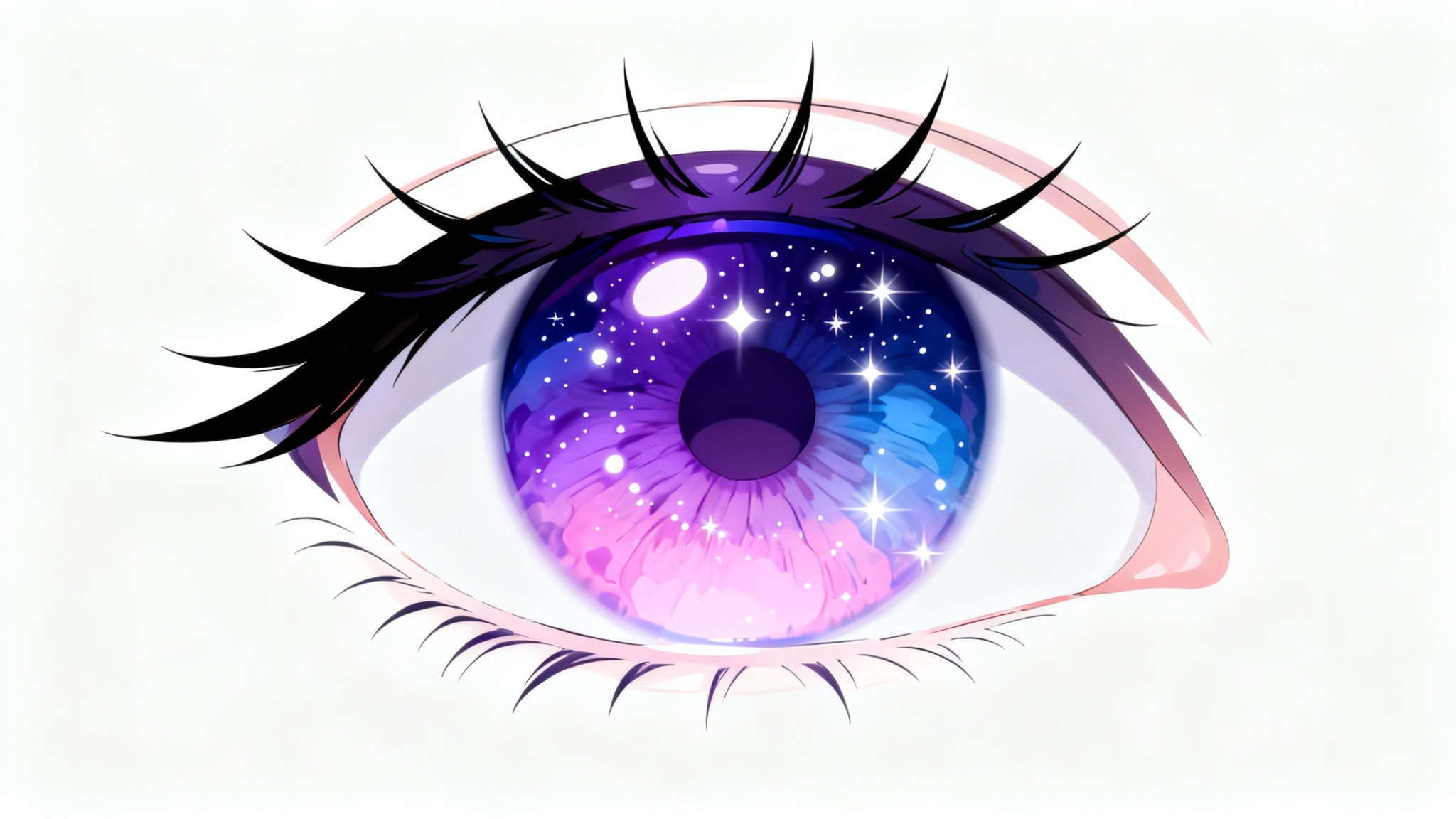 A detailed digital illustration of a single, expressive anime eye with a purple and blue galaxy-like iris and sparkling highlights, set against a white background.