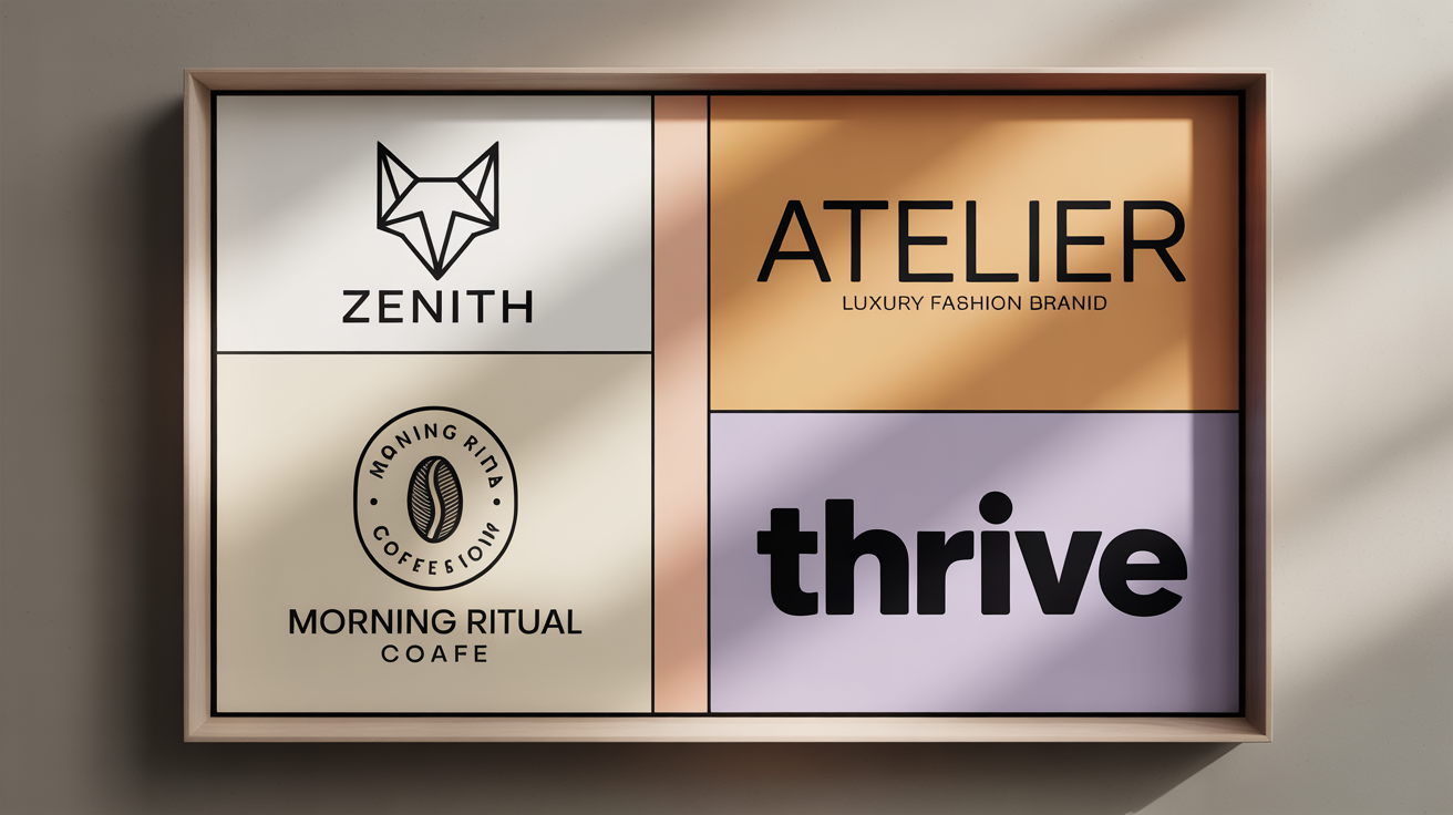 A collection of professionally designed logos for various fictional brands like Zenith, Atelier, and Morning Ritual, showcasing the high-quality results from a logo maker tool.