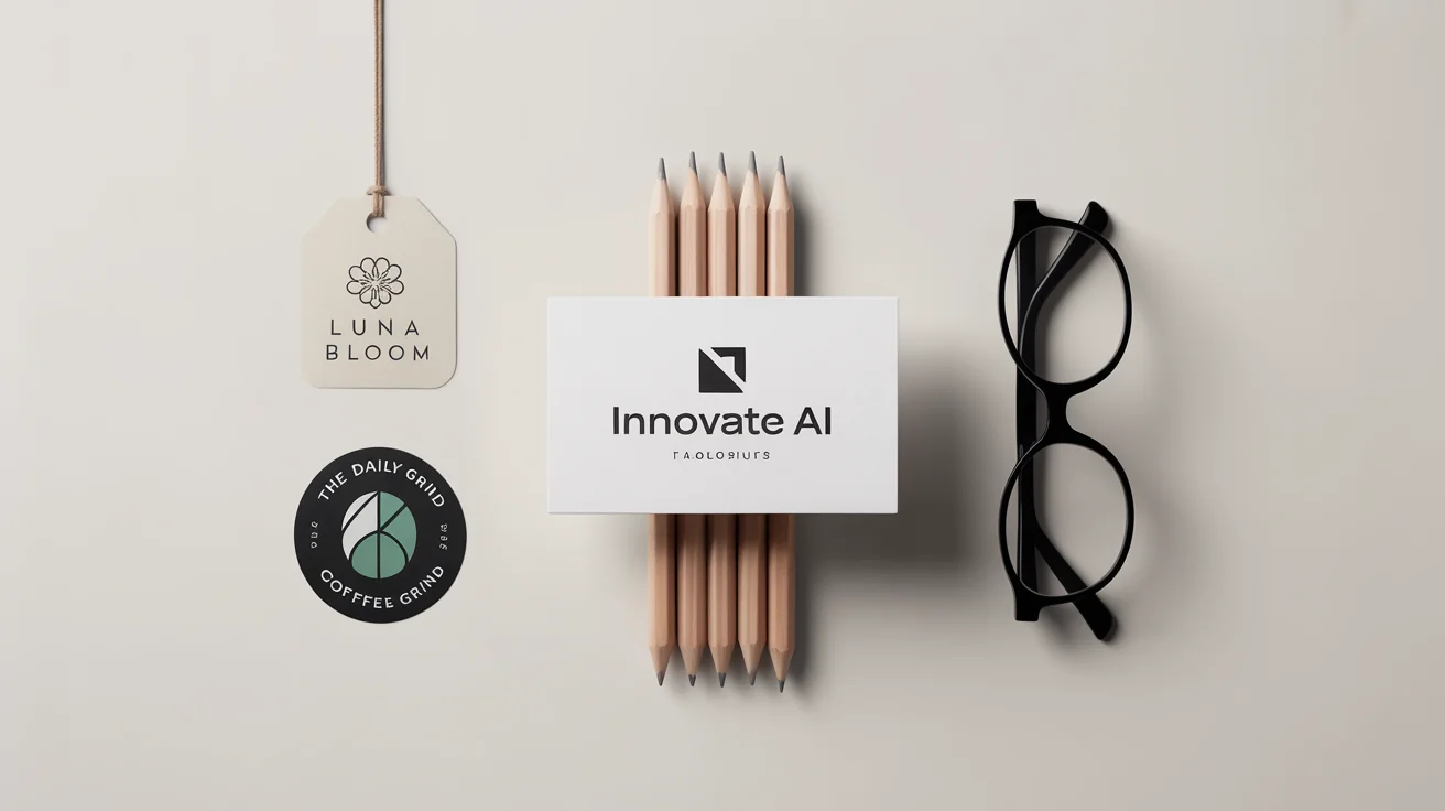 A collection of professionally designed logo mockups for various businesses, including a tech company, a coffee shop, and a boutique, displayed on a business card and stickers against a white background.