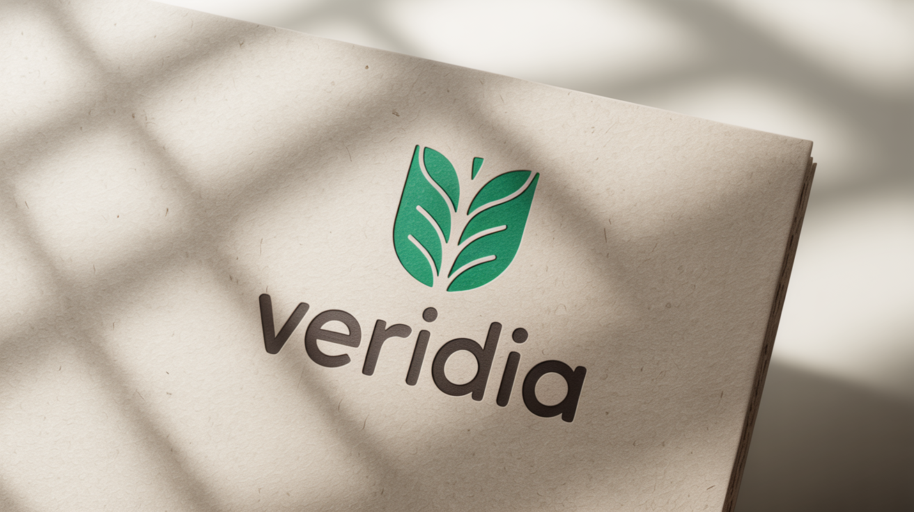 A close-up of a minimalist logo for a brand called 'Veridia', featuring a green geometric leaf icon embossed on a textured business card against a white background.