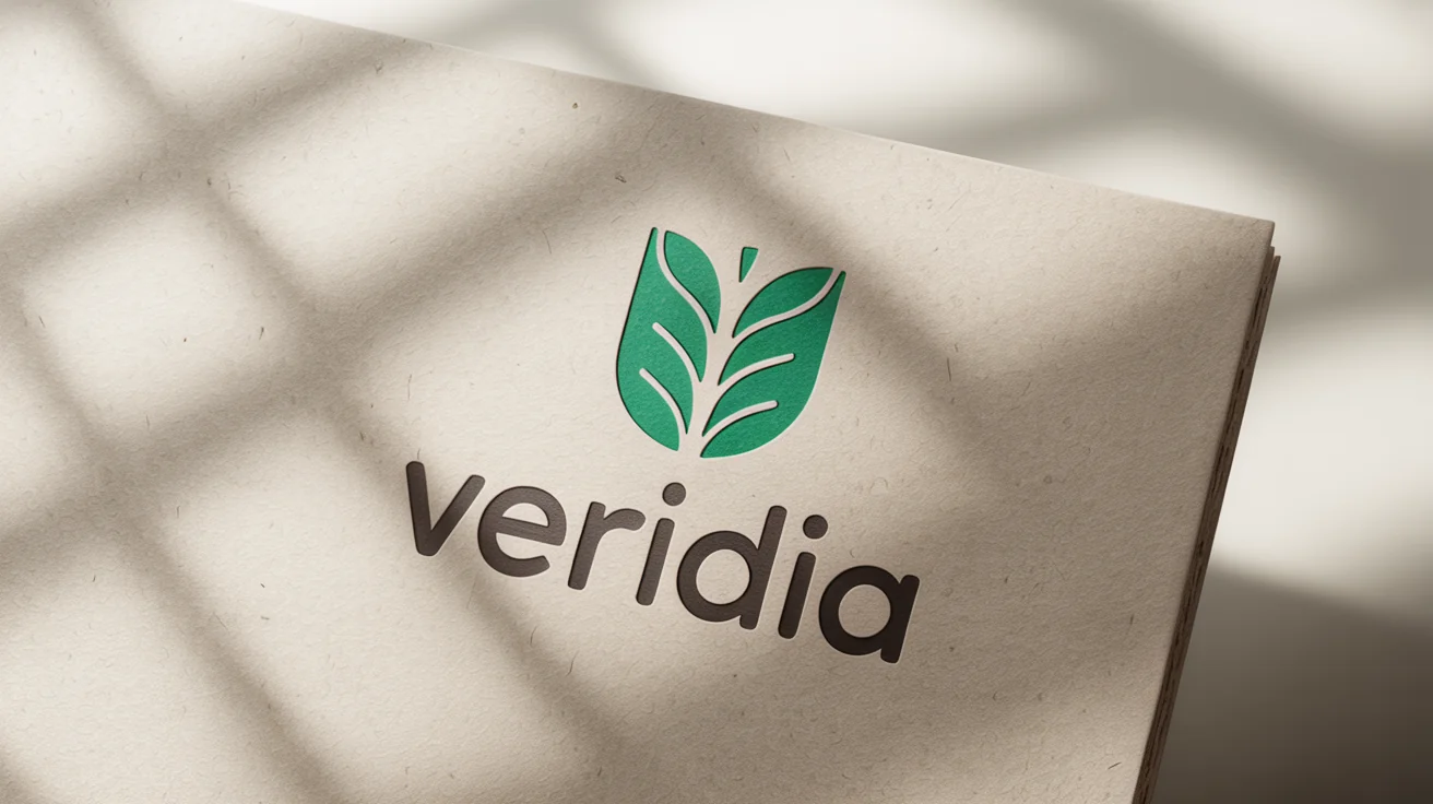 A close-up of a minimalist logo for a brand called 'Veridia', featuring a green geometric leaf icon embossed on a textured business card against a white background.