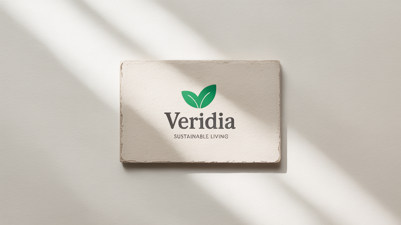 A logo mockup for an eco-conscious brand named 'Veridia', shown on a textured business card with a stylized leaf logo.