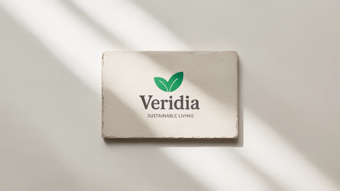 A logo mockup for an eco-conscious brand named 'Veridia', shown on a textured business card with a stylized leaf logo.