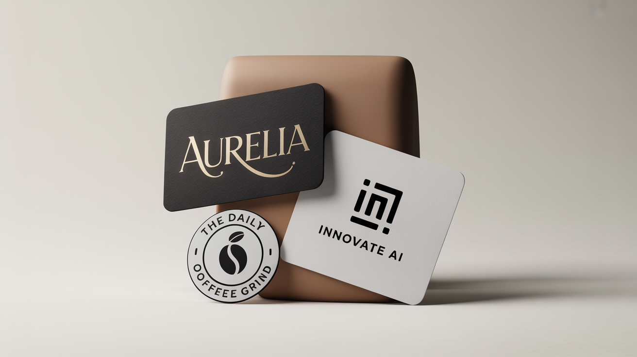 A collection of professionally designed logo mockups for various brands, including 'AURELIA', 'The Daily Grind', and 'Innovate AI', displayed on a clean white surface.