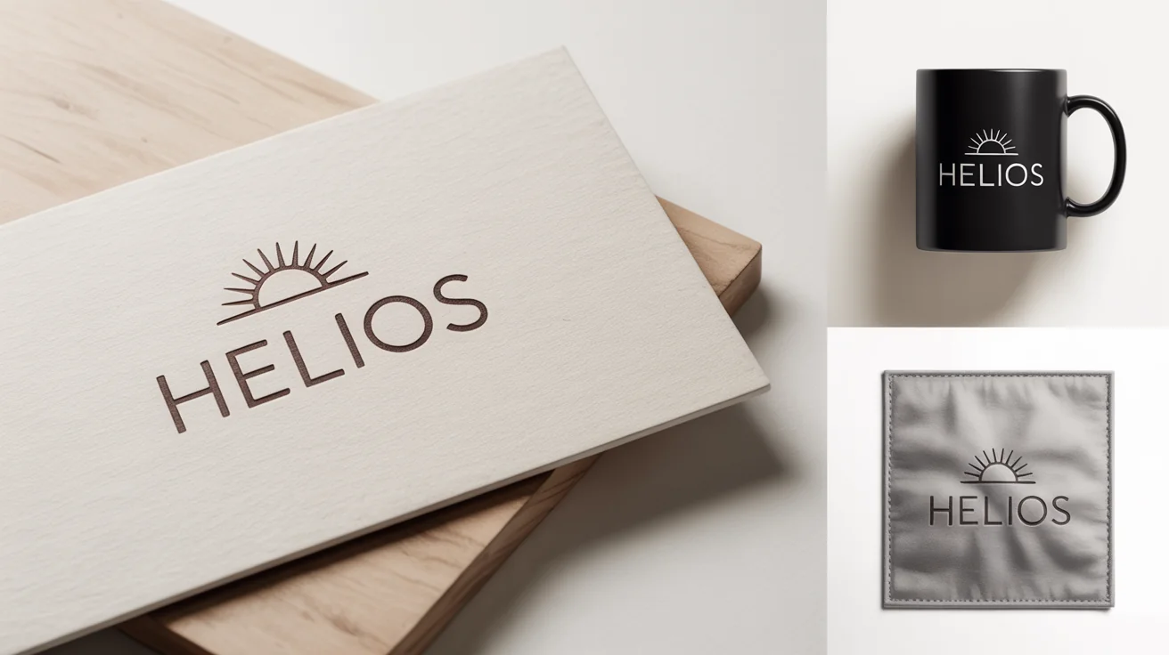 A photorealistic mockup showcasing a versatile logo design for a fictional brand 'Helios' on a business card, coffee mug, and fabric patch, all set against a clean white background.