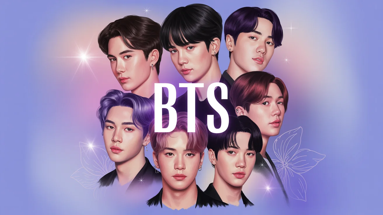 A professionally designed desktop wallpaper for the K-pop group BTS, featuring a stylish collage of the members with a dreamy purple and pink color scheme and the text 'BTS'.