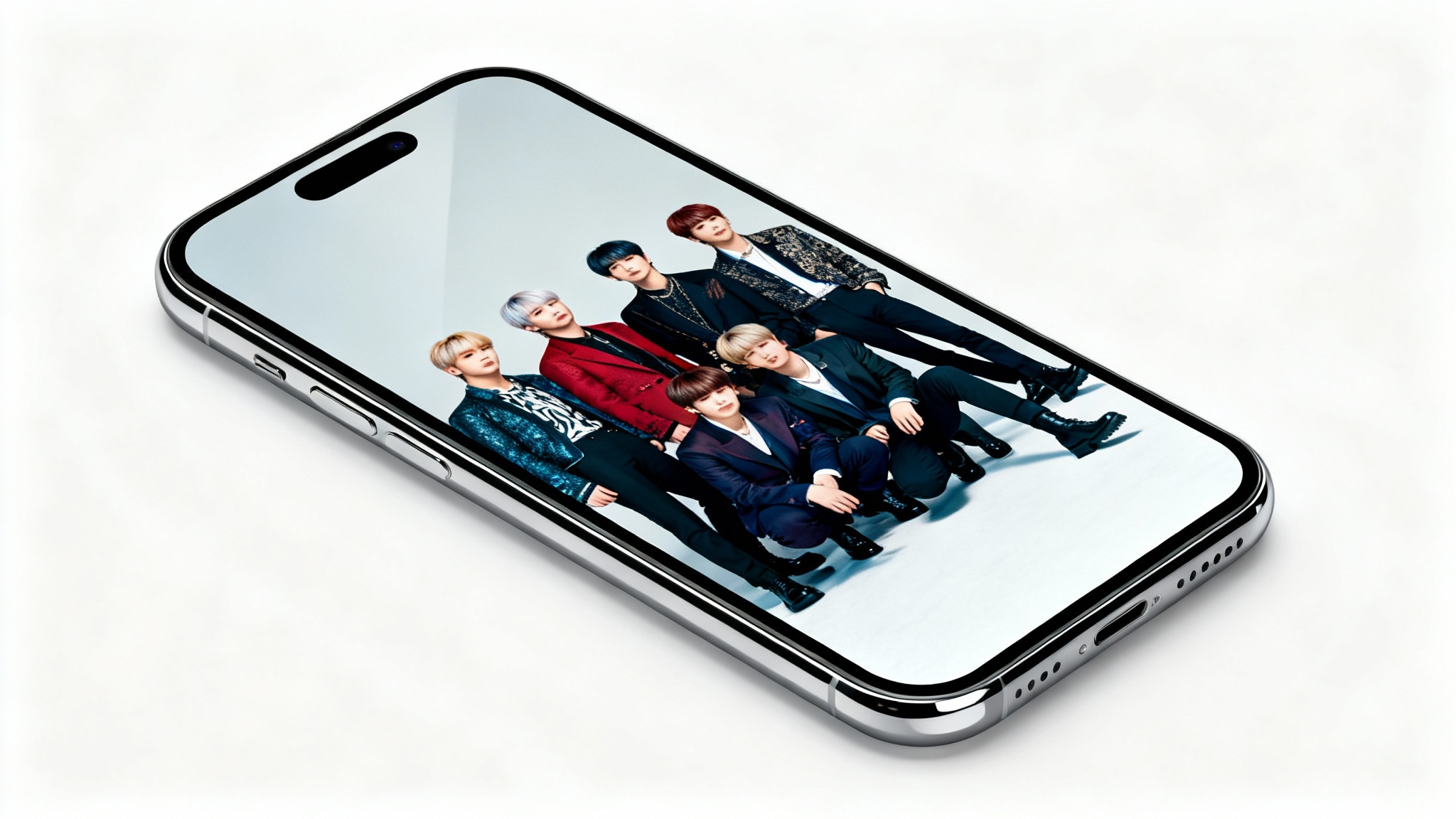 A close-up of a smartphone displaying a fashionable wallpaper featuring the members of the K-pop group BTS, set against a solid white background.