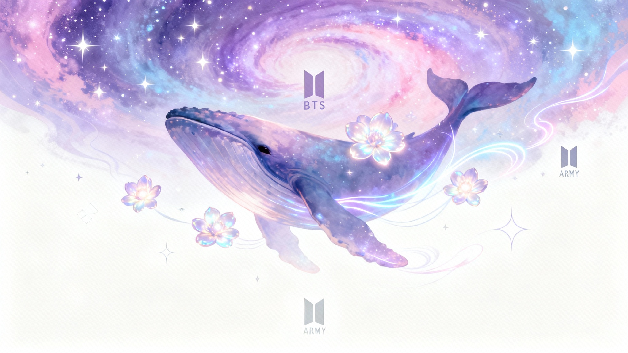 A mockup of a BTS-themed wallpaper against a white background, featuring a stylized whale swimming through a dreamy purple and pink galaxy with symbolic flowers and logos.