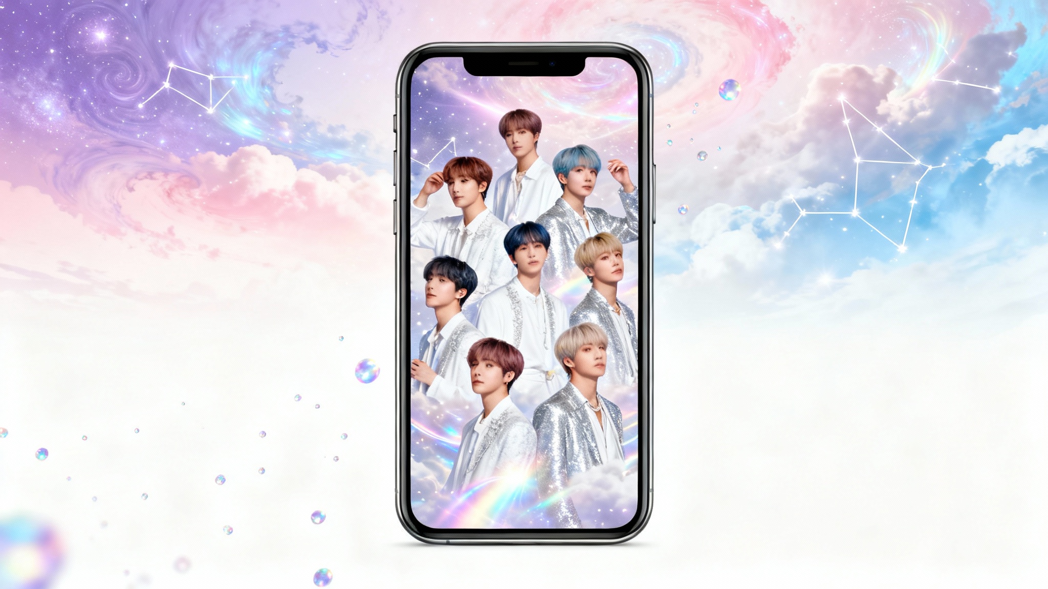 An artistic BTS phone wallpaper mockup showcasing the seven members in elegant white outfits, set against an ethereal background of pastel clouds and shimmering stars.