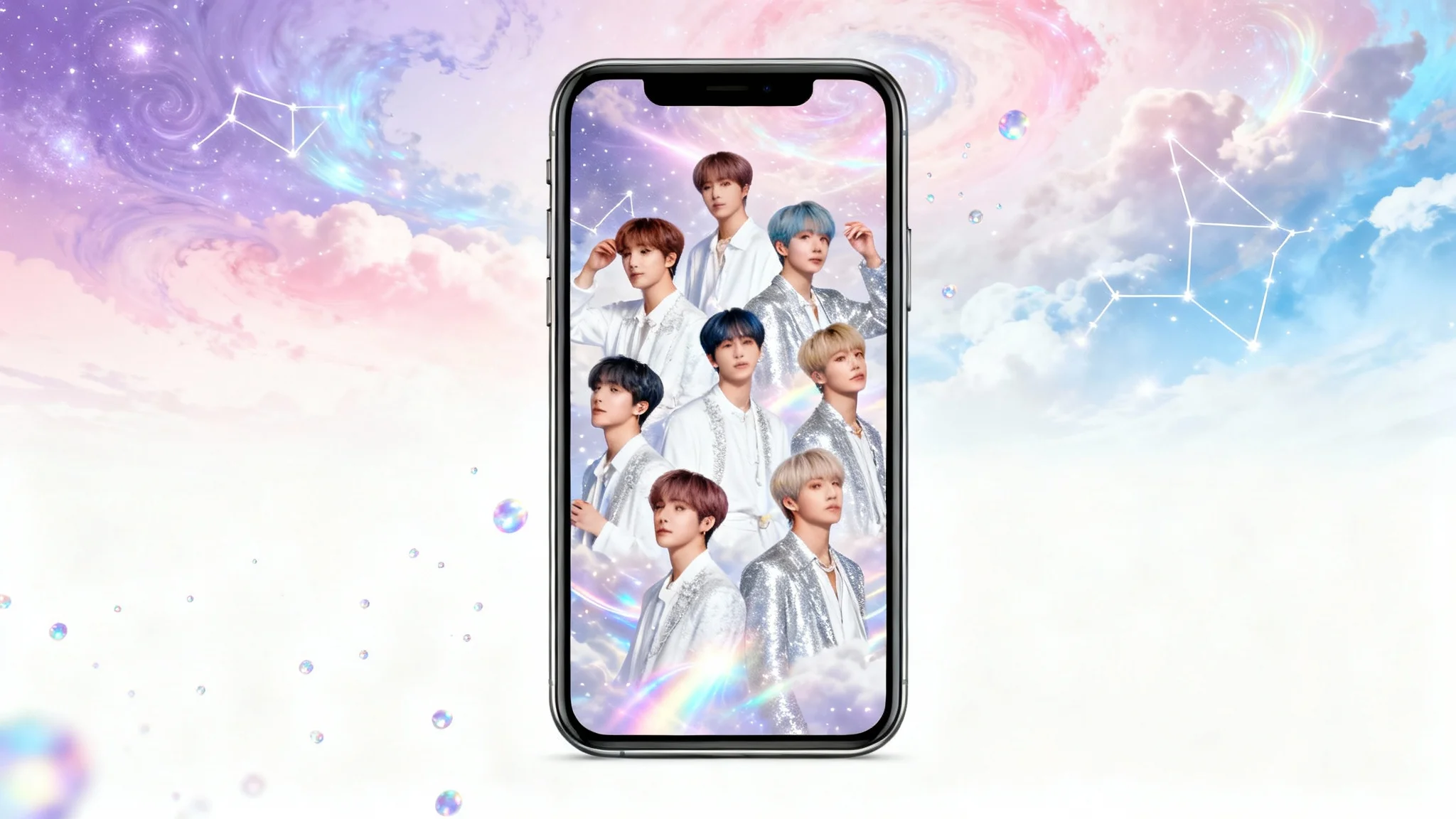 An artistic BTS phone wallpaper mockup showcasing the seven members in elegant white outfits, set against an ethereal background of pastel clouds and shimmering stars.