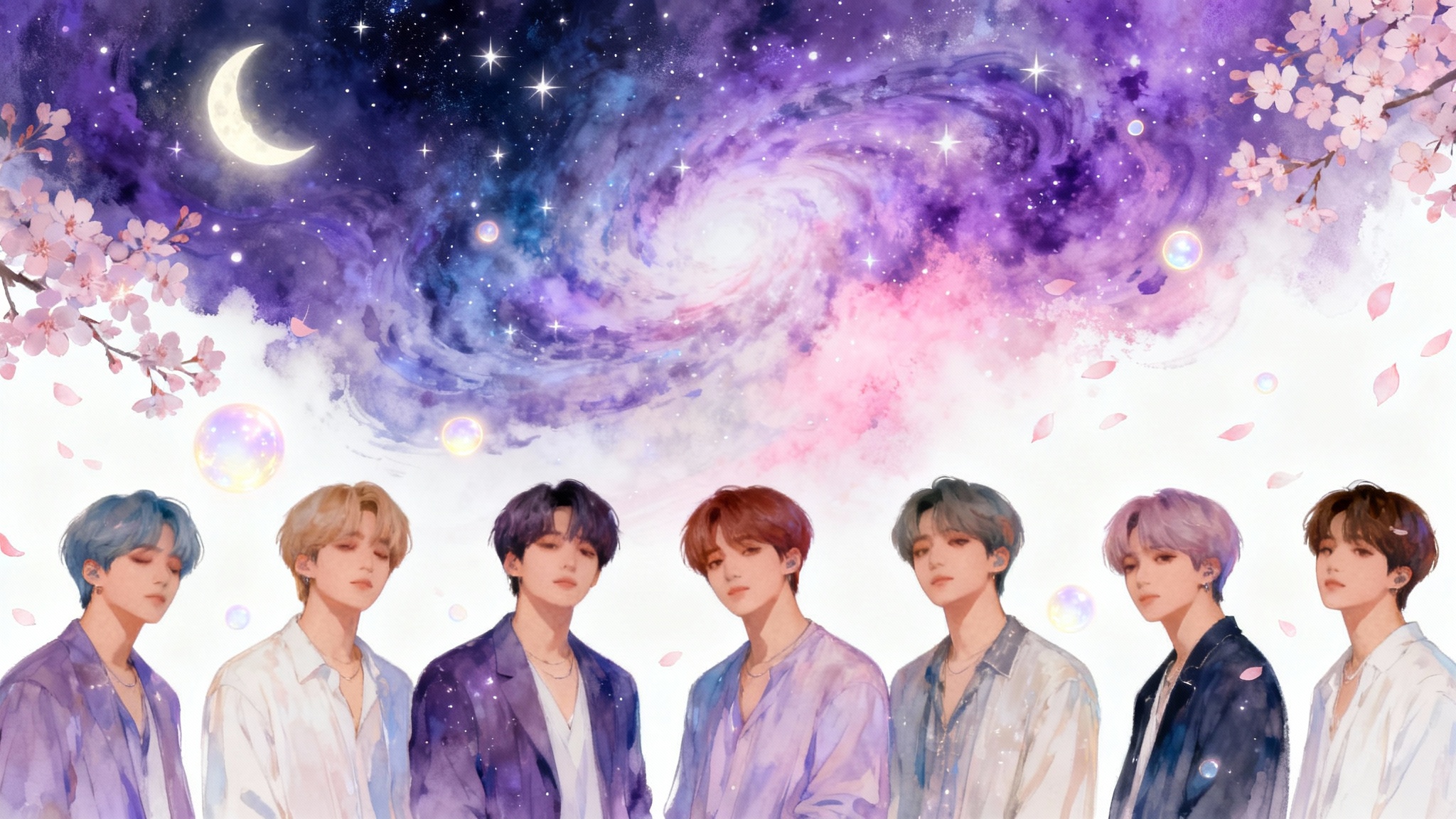 An artistic phone wallpaper illustration of the seven members of BTS against a dreamy, purple-hued celestial background with stars and flower petals, shown against a white background.