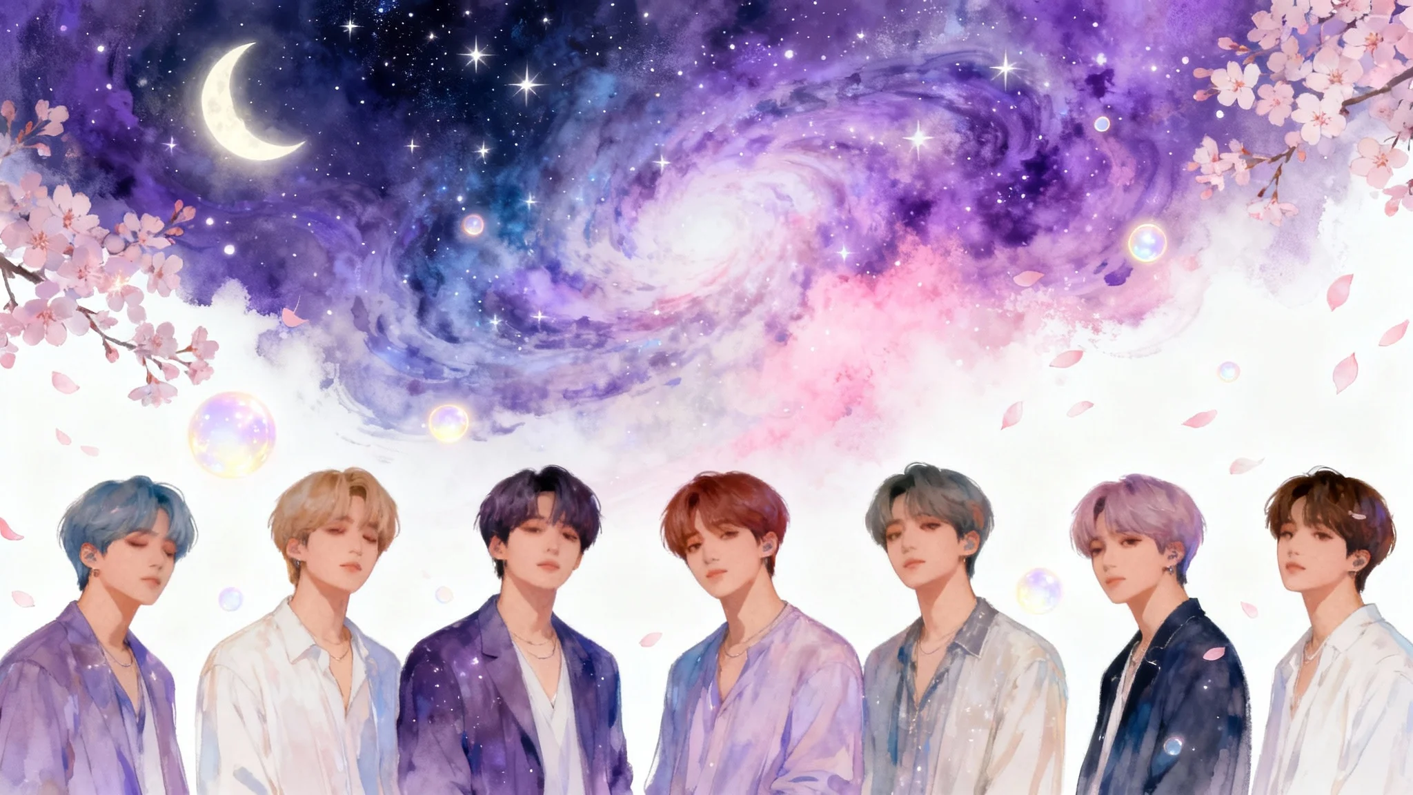 An artistic phone wallpaper illustration of the seven members of BTS against a dreamy, purple-hued celestial background with stars and flower petals, shown against a white background.