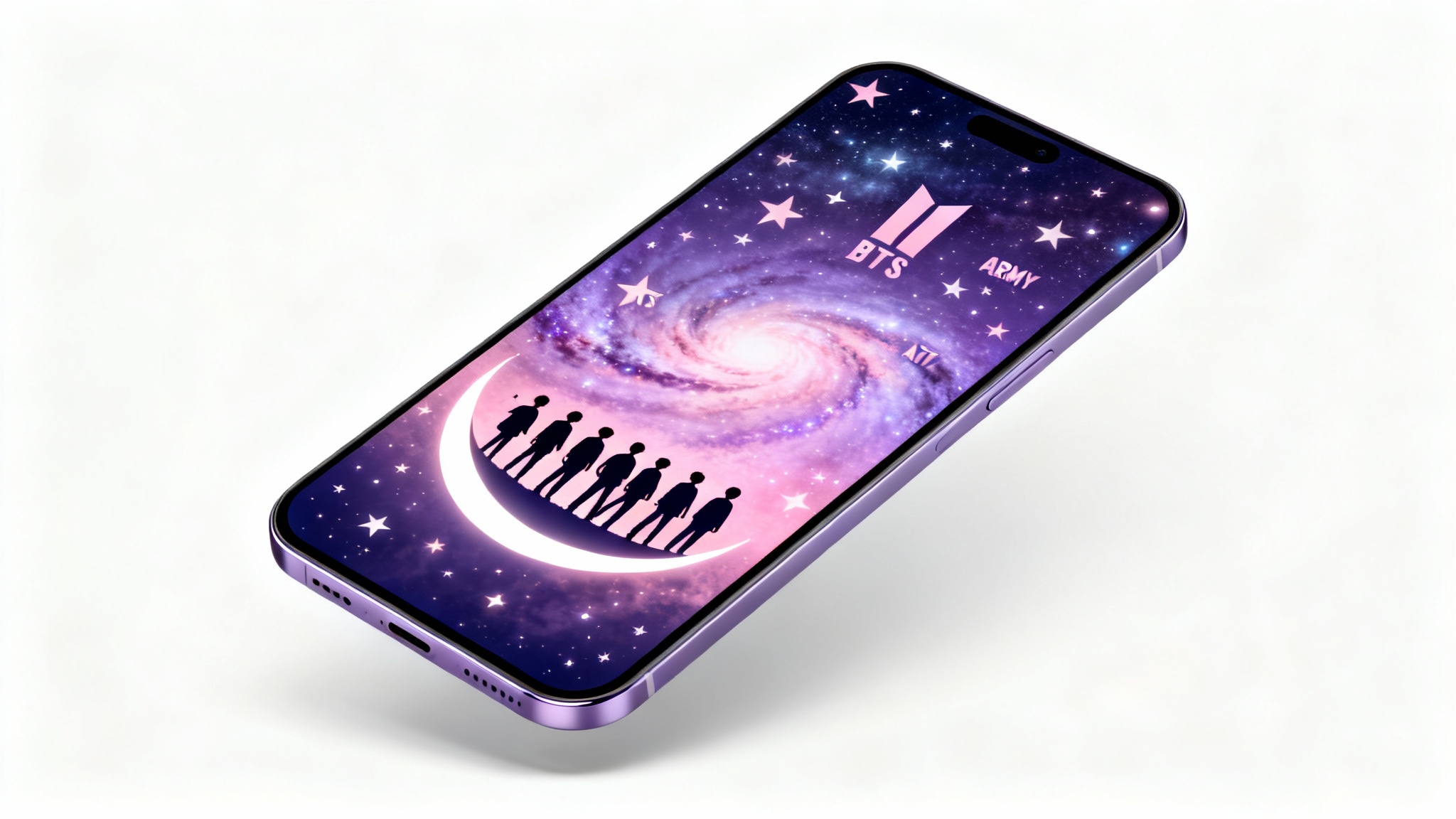 A mockup of a smartphone displaying a BTS-themed wallpaper. The wallpaper shows silhouettes of seven people on a crescent moon against a purple and pink galaxy.
