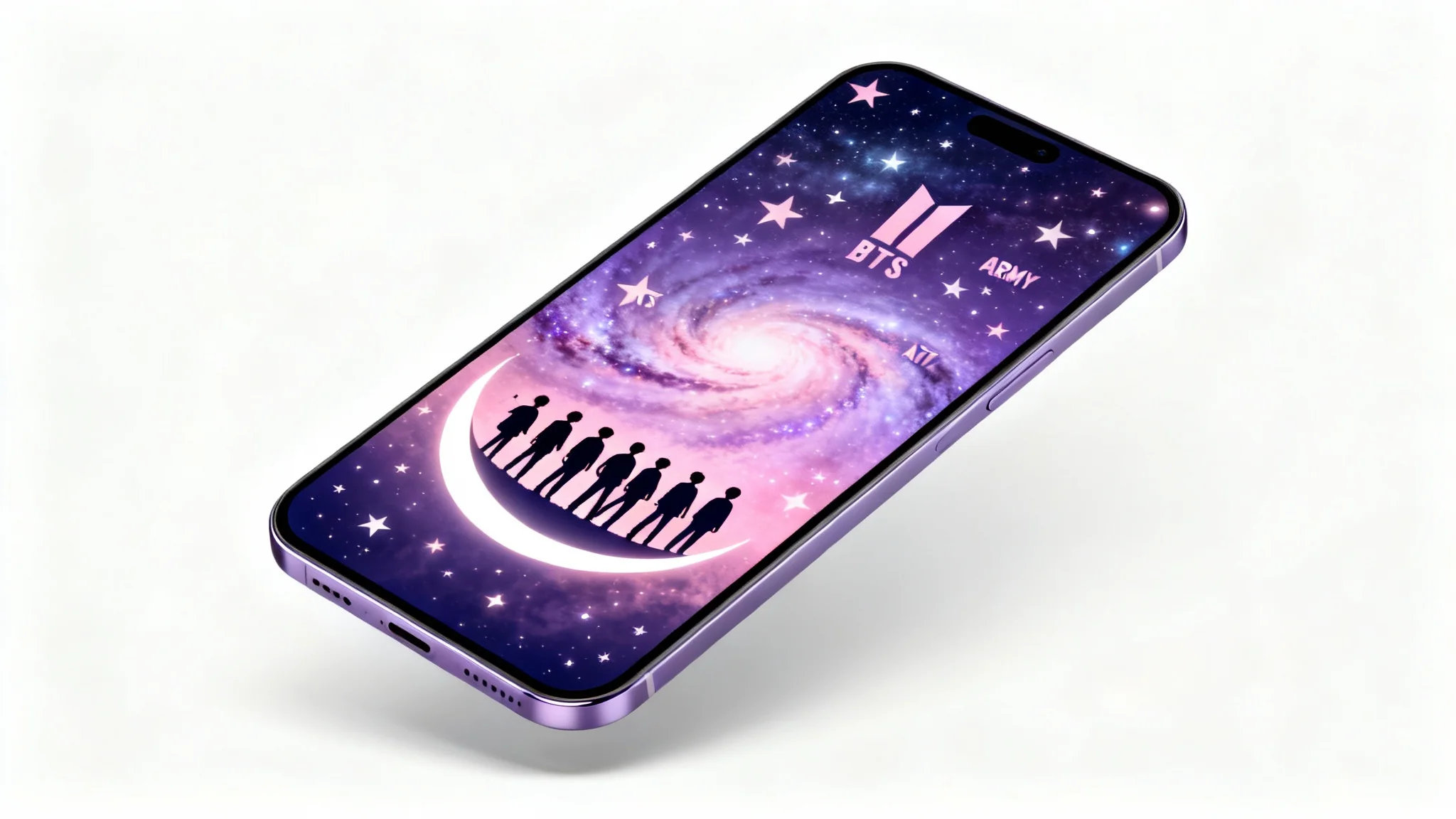 A mockup of a smartphone displaying a BTS-themed wallpaper. The wallpaper shows silhouettes of seven people on a crescent moon against a purple and pink galaxy.