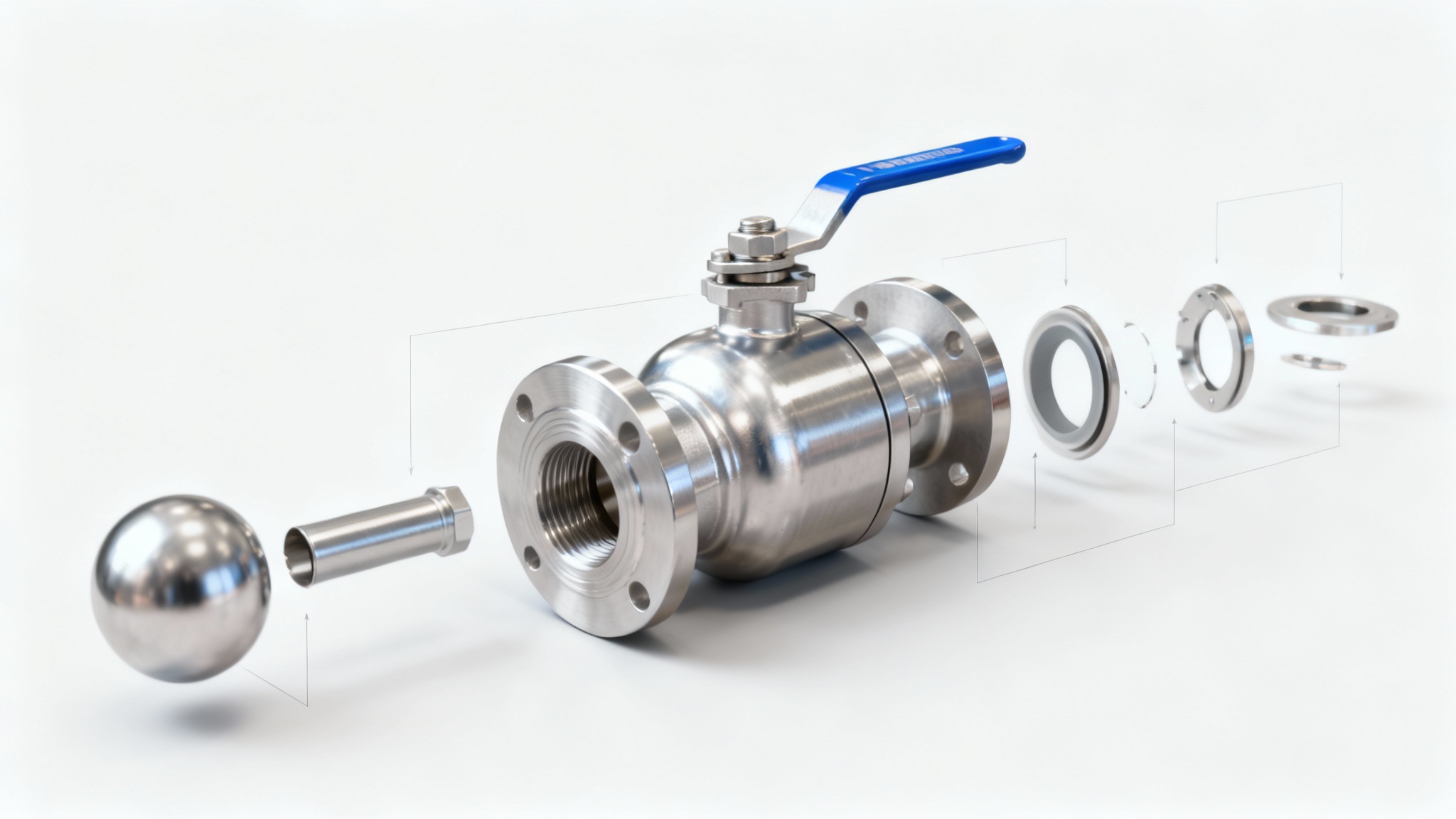 A professional design showcasing a high-quality PNG of a metallic ball valve used in an exploded-view technical diagram, highlighting its components and industrial application.