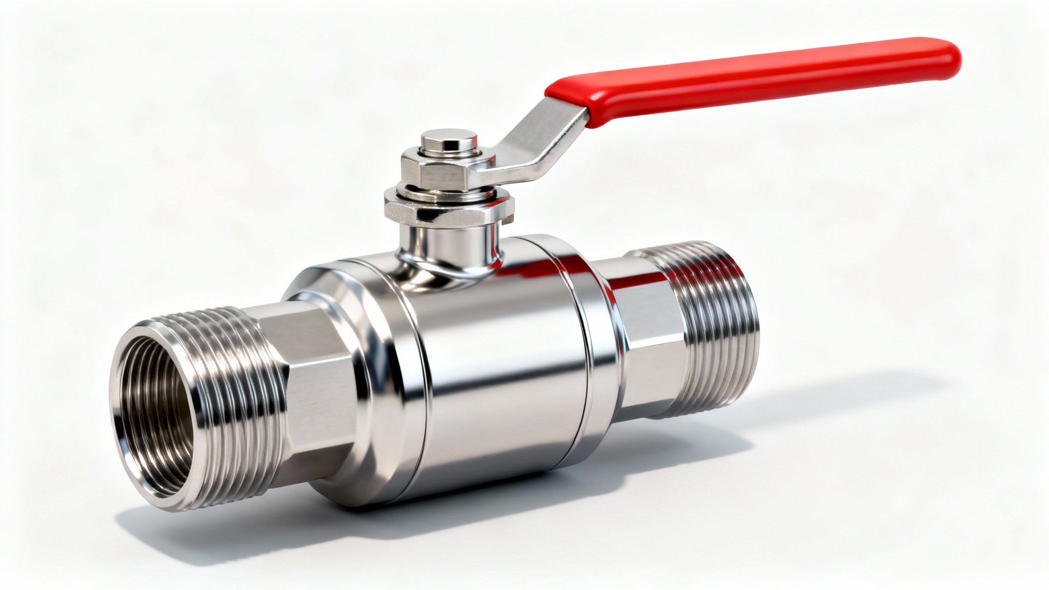 A photorealistic image of a stainless steel ball valve with a red lever handle, shown in a studio setting against a plain white background.