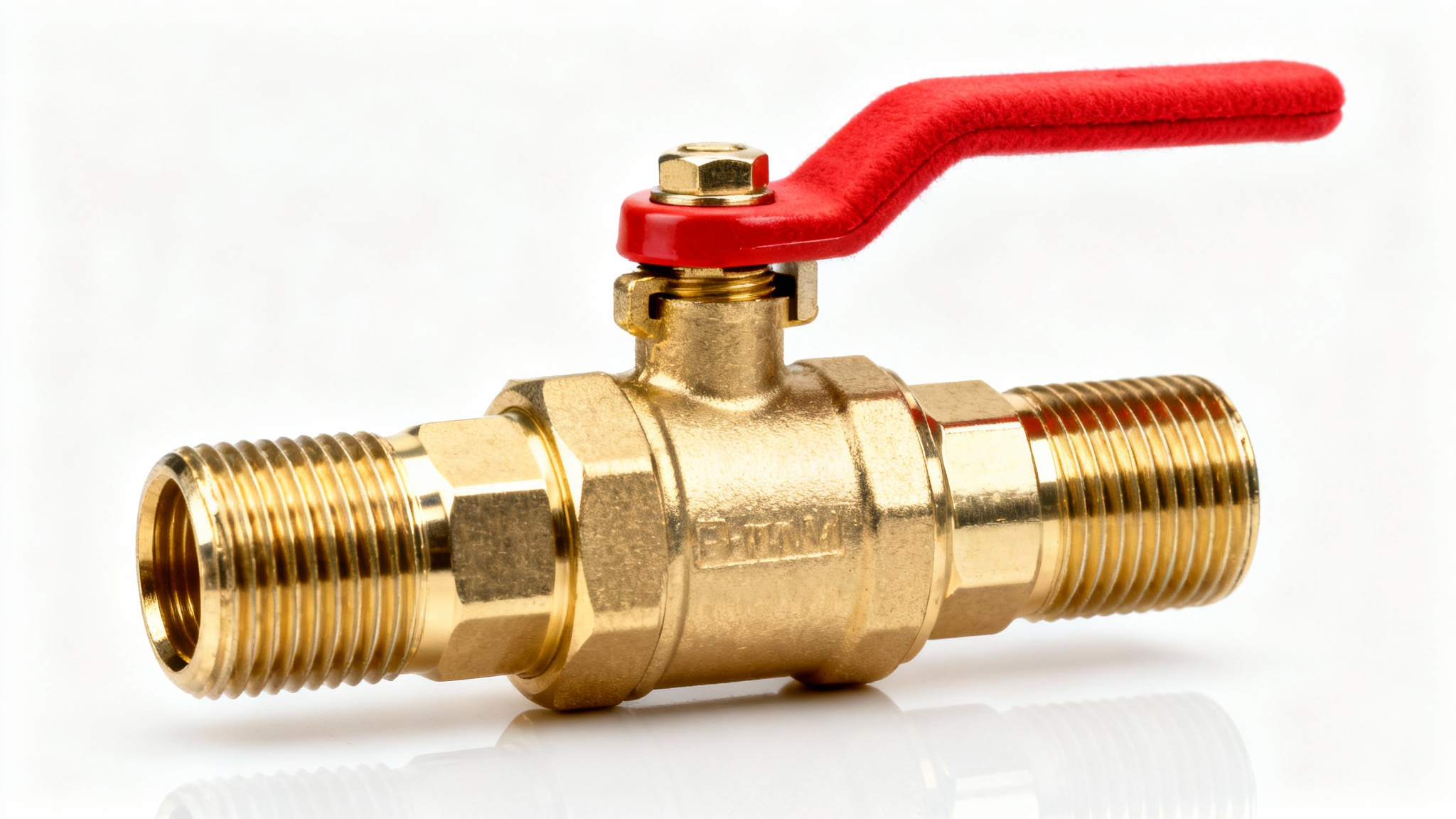 A photorealistic image of a new brass ball valve with a red handle, shown against a clean white background.