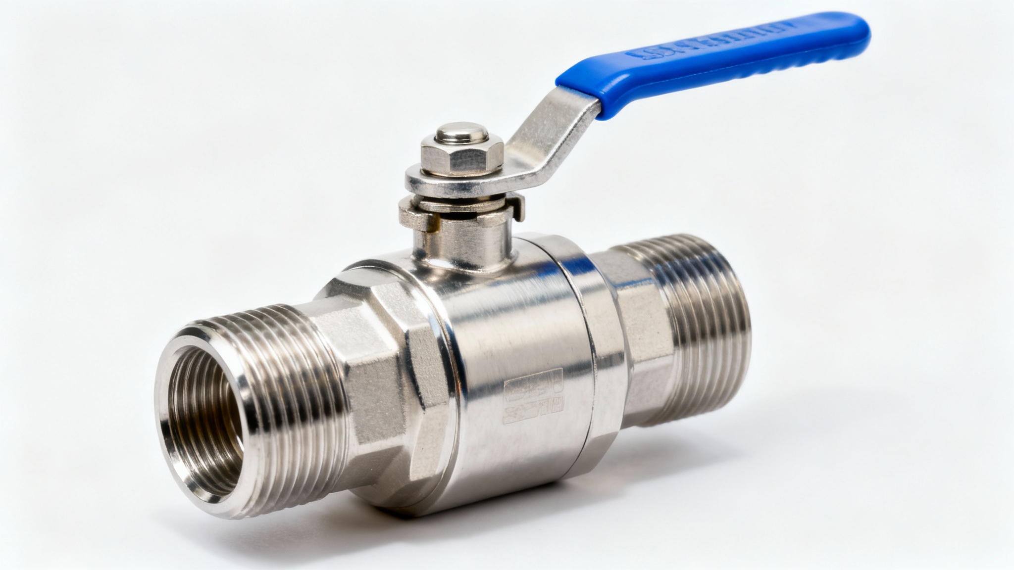 A photorealistic image of a stainless steel ball valve with a long blue handle, isolated on a clean white background.