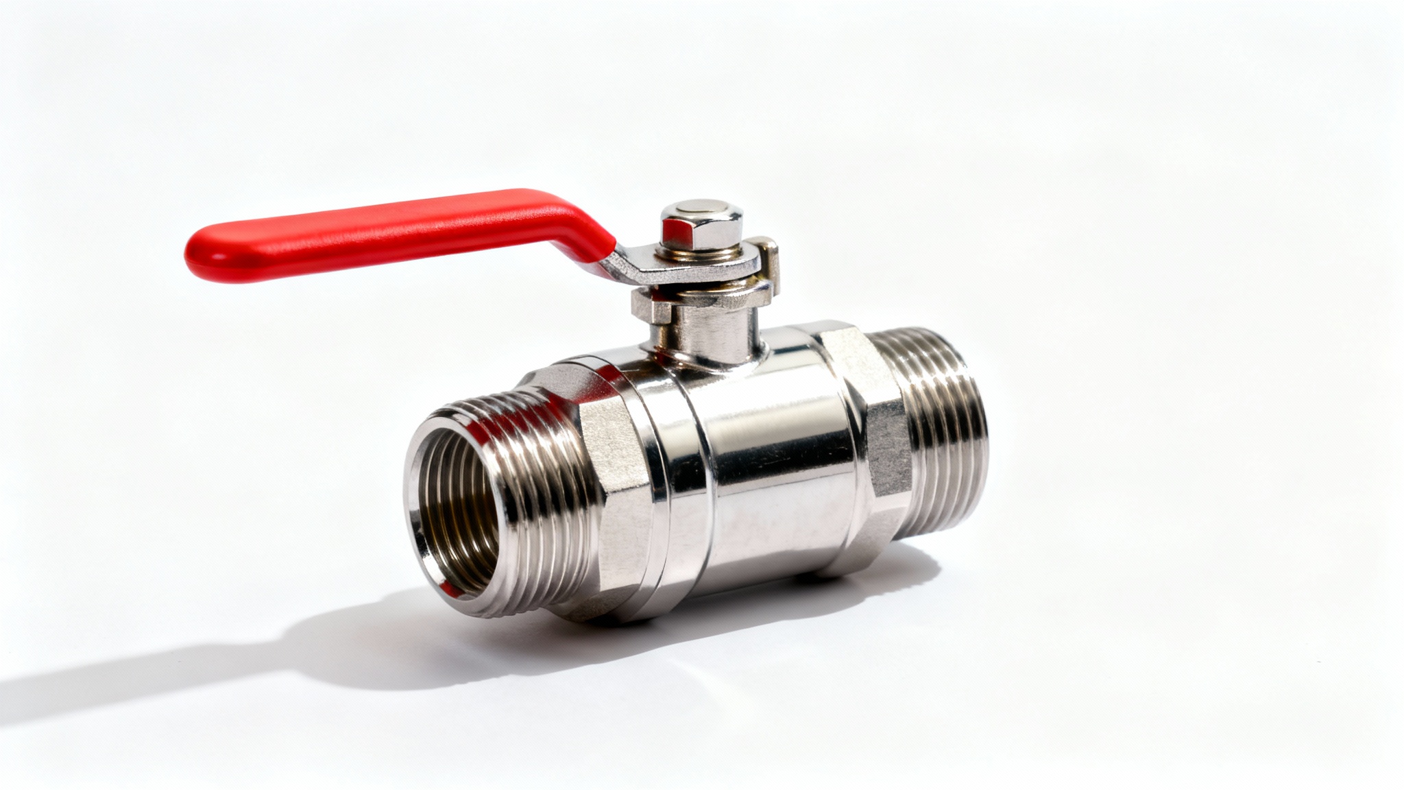 A photorealistic product image of a stainless steel ball valve with a red lever handle in the open position, isolated on a white background.