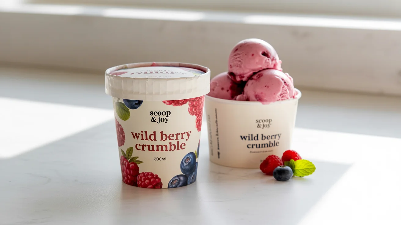 A professionally designed ice cream cup for the fictional brand 'Scoop & Joy', with the flavor 'Wild Berry Crumble' displayed. The cup is next to fresh berries and a scoop of ice cream, all on a clean, light grey background.