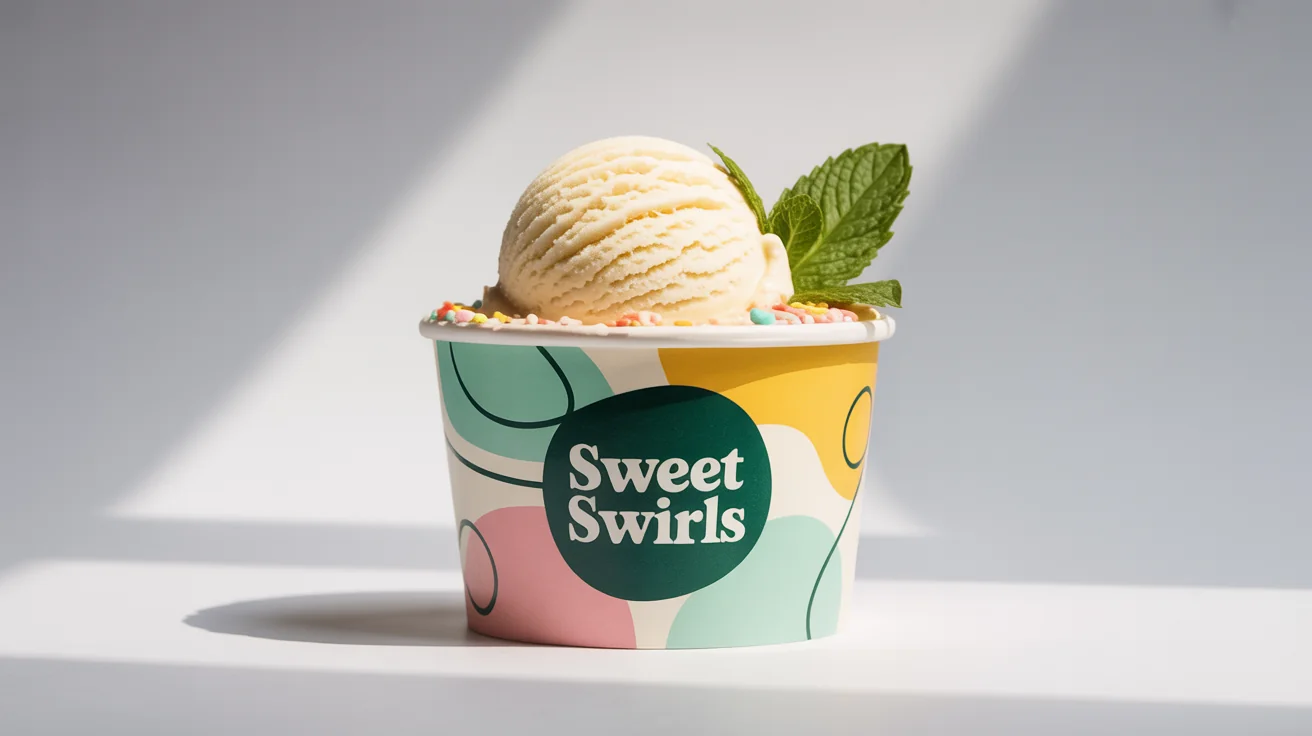 A photorealistic mockup of a paper ice cream cup with a colorful geometric design and the brand name 'Sweet Swirls', filled with a scoop of vanilla ice cream and set against a plain white background.