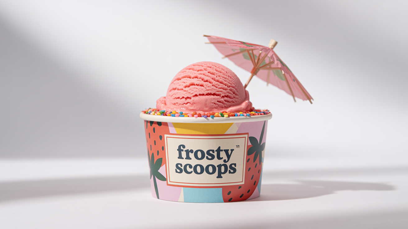 A photorealistic mockup of a paper ice cream cup filled with strawberry ice cream. The cup has a colorful design with strawberries and the brand name 'FROSTY SCOOPS'.