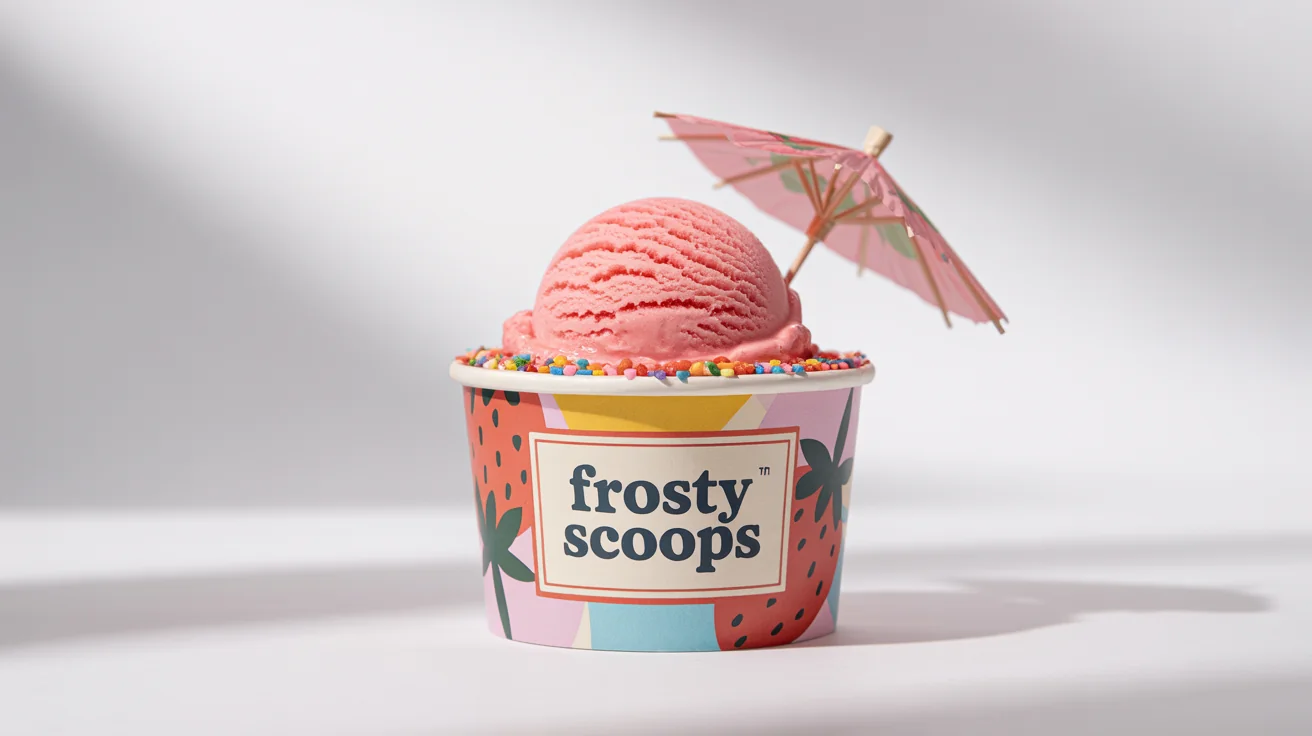 A photorealistic mockup of a paper ice cream cup filled with strawberry ice cream. The cup has a colorful design with strawberries and the brand name 'FROSTY SCOOPS'.