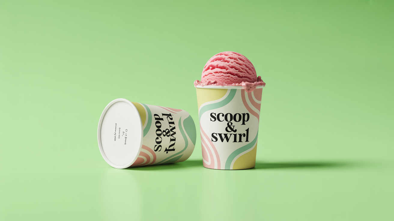 A photorealistic mockup of two ice cream cups with a colorful, modern swirl design and the brand name 'Scoop & Swirl', set against a clean white background.