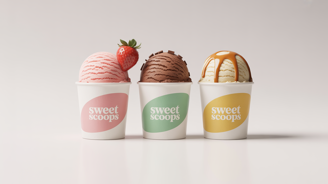 A photorealistic mockup of three designed ice cream cups with the brand 'Sweet Scoops', filled with strawberry, chocolate, and vanilla ice cream against a clean white background.