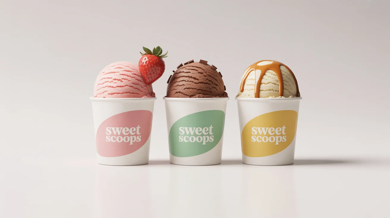 A photorealistic mockup of three designed ice cream cups with the brand 'Sweet Scoops', filled with strawberry, chocolate, and vanilla ice cream against a clean white background.