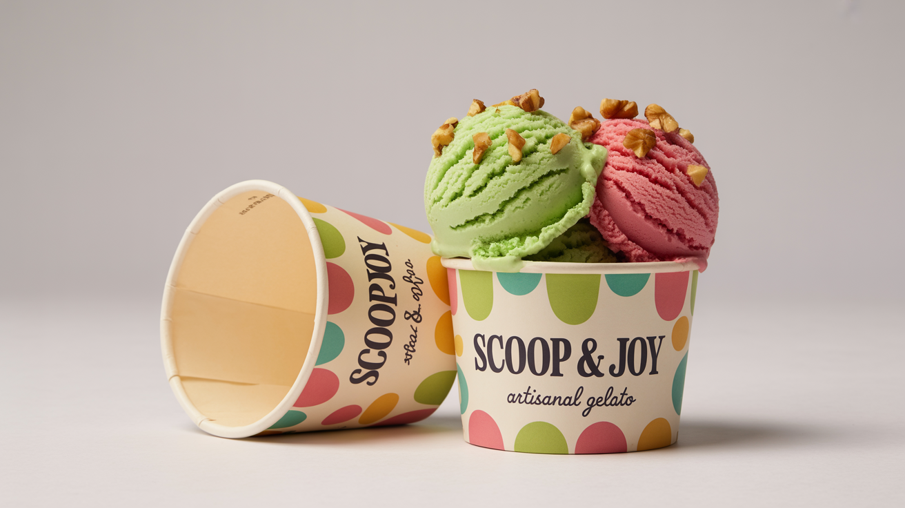 A photorealistic product mockup showing two ice cream cups with a colorful geometric design and the brand name 'Scoop & Joy', one filled with gelato and the other empty, on a white background.