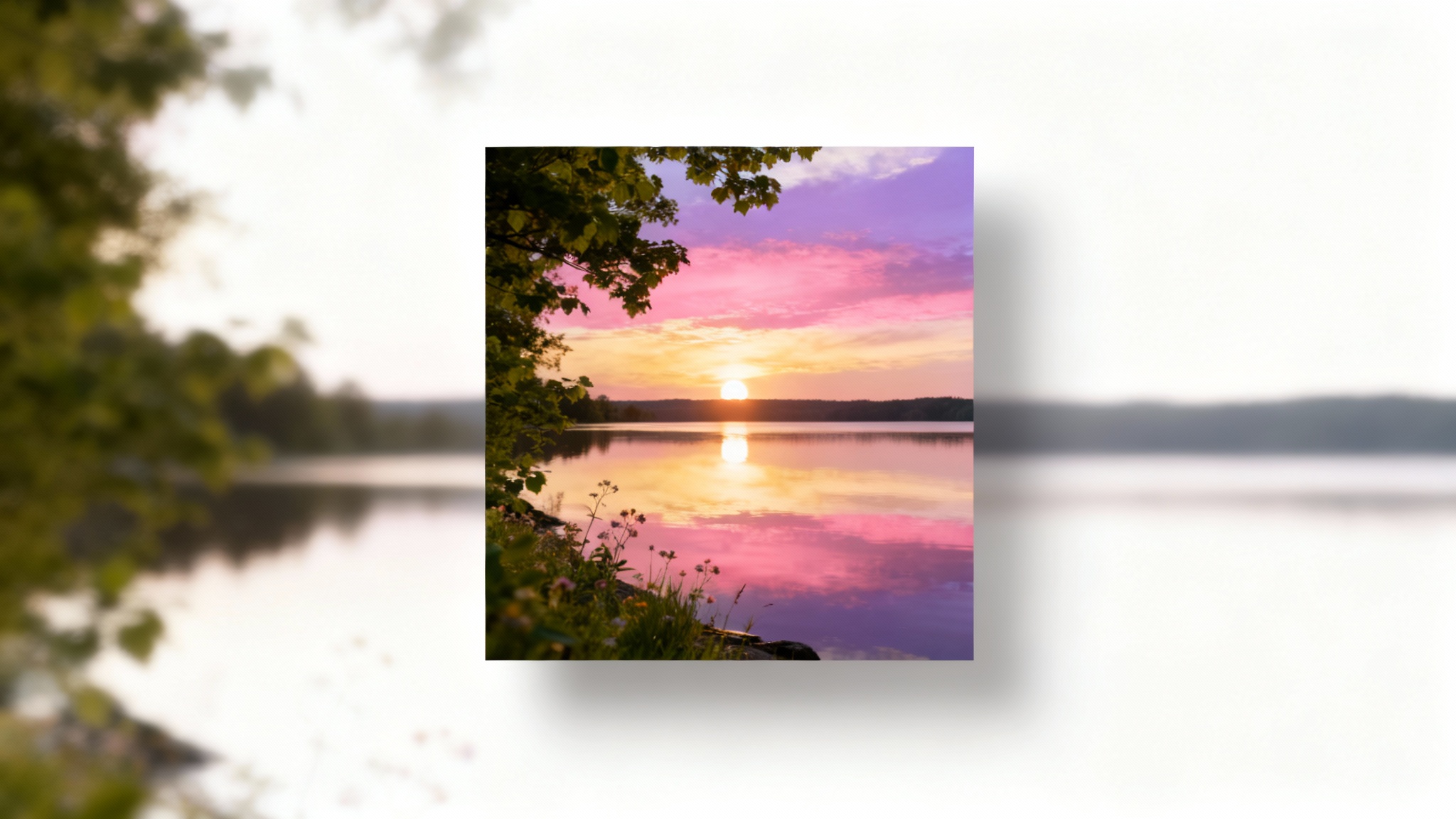 A promotional image demonstrating a square crop tool, featuring a perfectly cropped square photo of a sunset over a lake, with the uncropped, wider version blurred in the background.