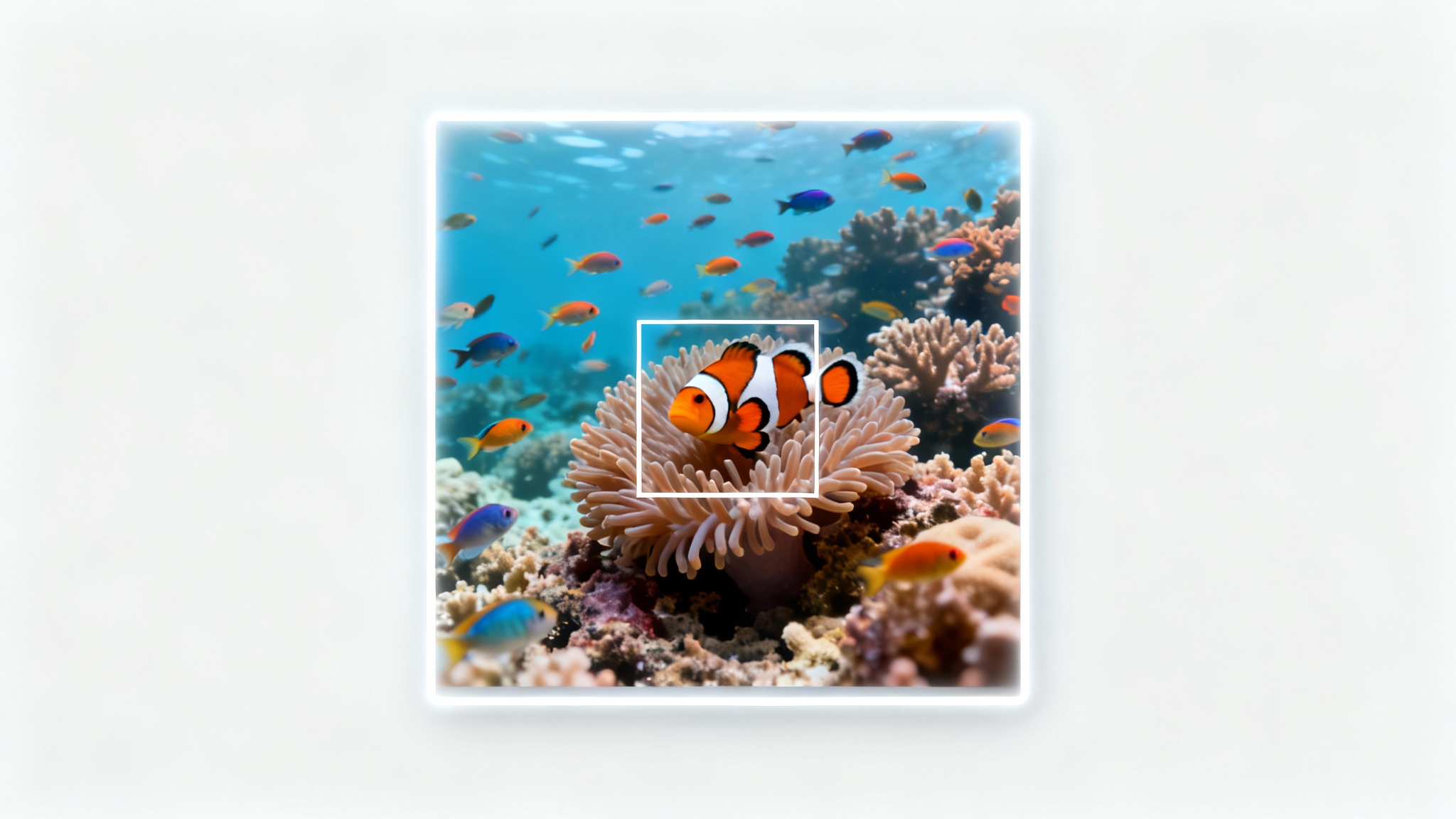 A conceptual mockup showing a rectangular photo of a coral reef with a bright white square highlighting a section, demonstrating the square image crop feature.