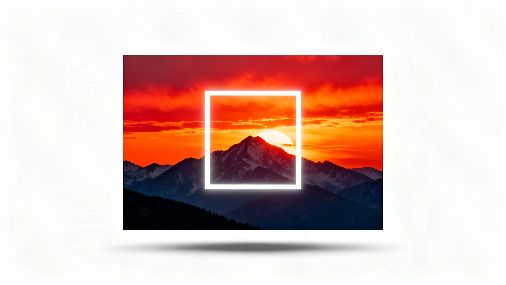 A rectangular photo of a mountain sunset with a bright square outline in the center, illustrating the process of cropping an image into a square.