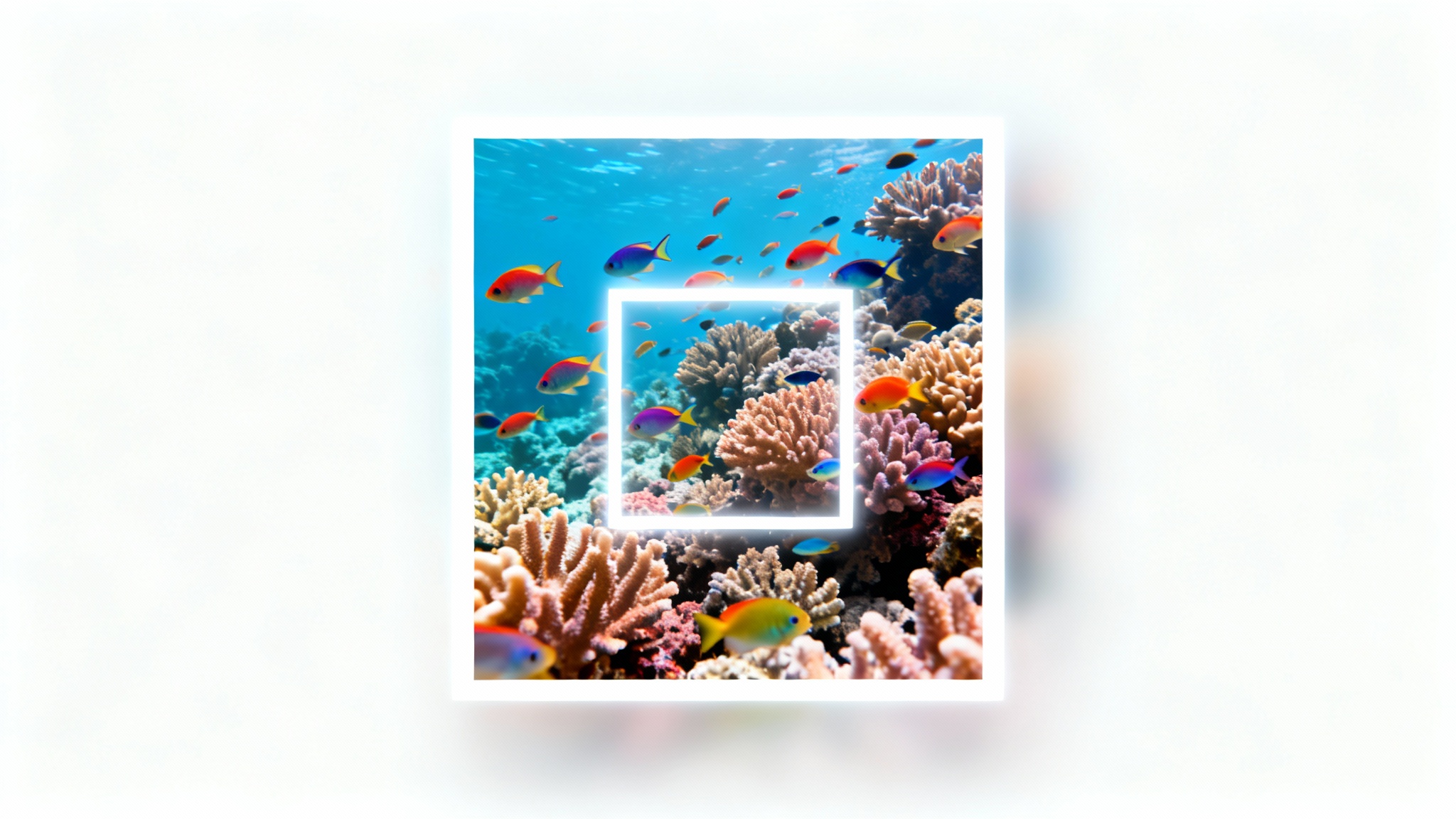 A conceptual illustration of a square image crop, showing a rectangular photo of a coral reef with a bright, focused square in the center, while the outer areas are faded.