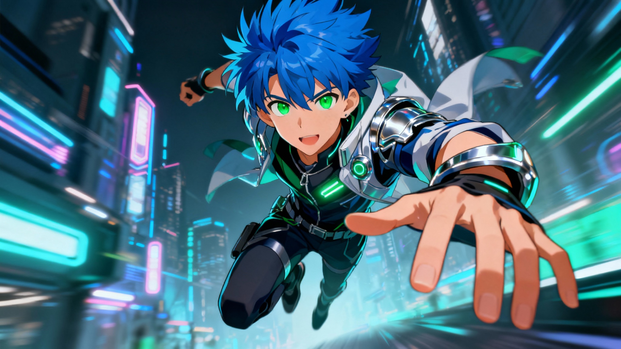 A dynamic digital illustration in a 16:9 aspect ratio showing a male anime character with spiky blue hair and green eyes in a futuristic outfit, leaping forward in a mid-air action pose against a neon cityscape background.
