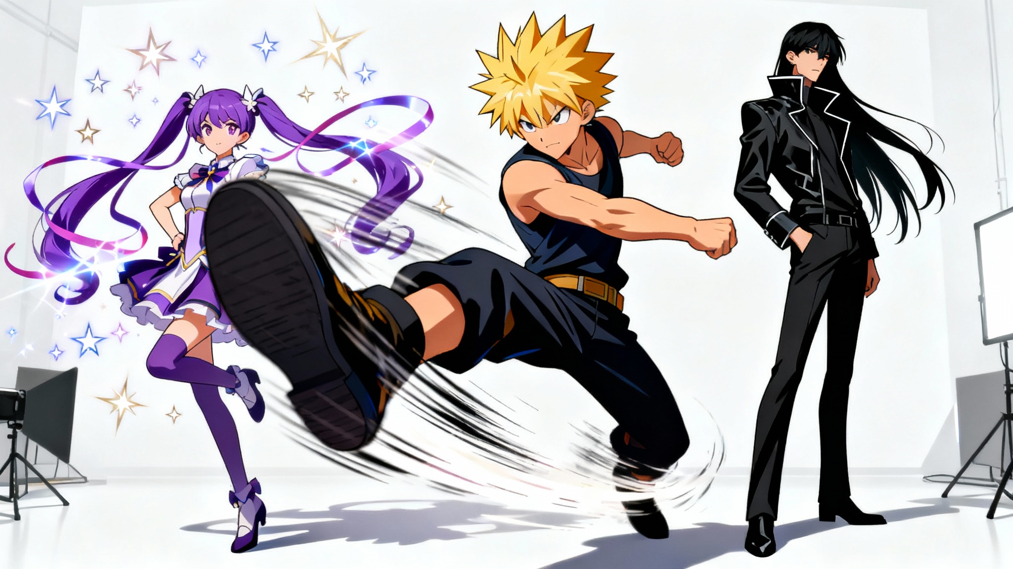 A dynamic digital illustration of three anime characters, a male hero kicking, a magical girl posing, and a cool character standing against a plain white background, showcasing various anime poses.