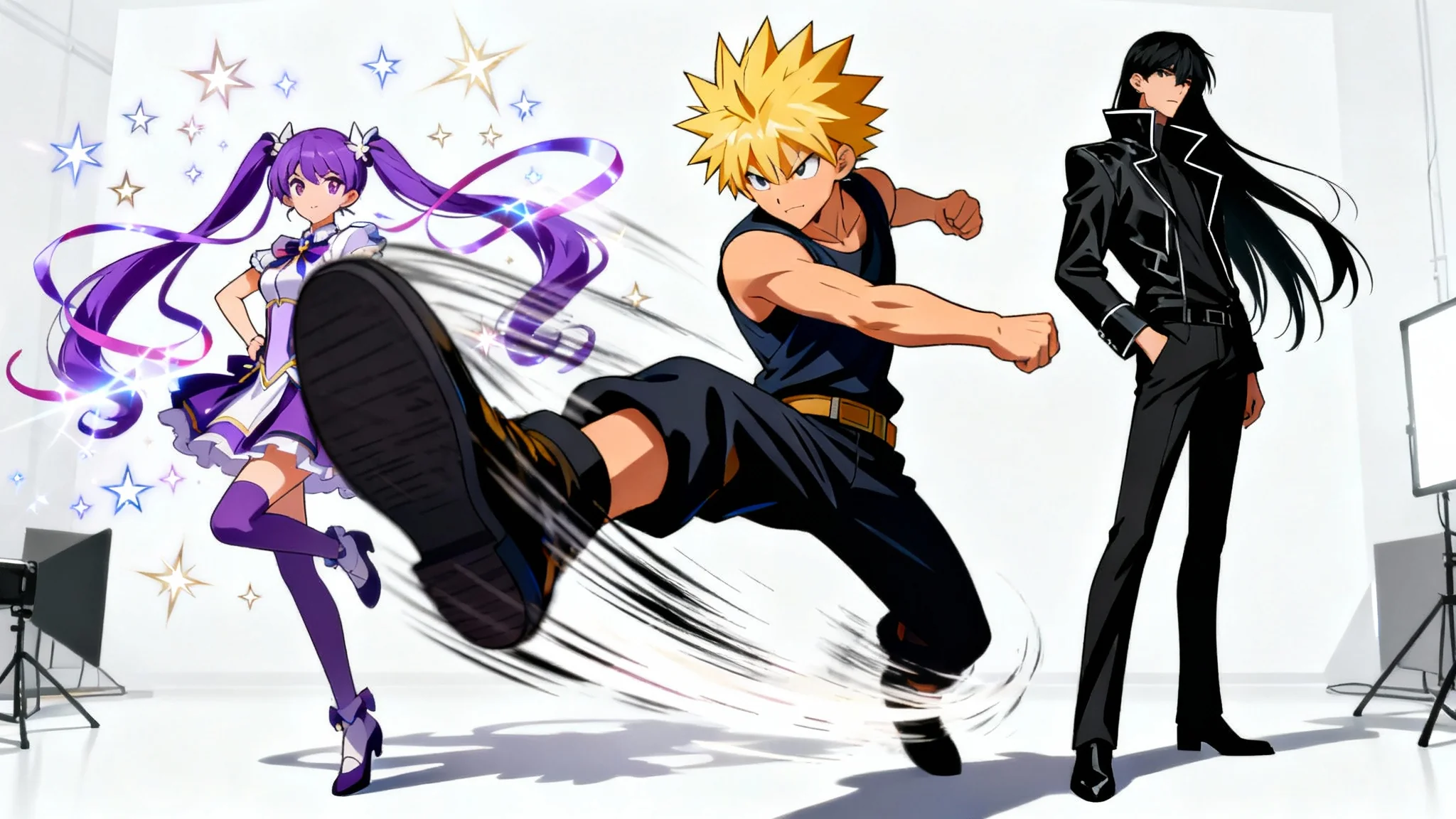 A dynamic digital illustration of three anime characters, a male hero kicking, a magical girl posing, and a cool character standing against a plain white background, showcasing various anime poses.