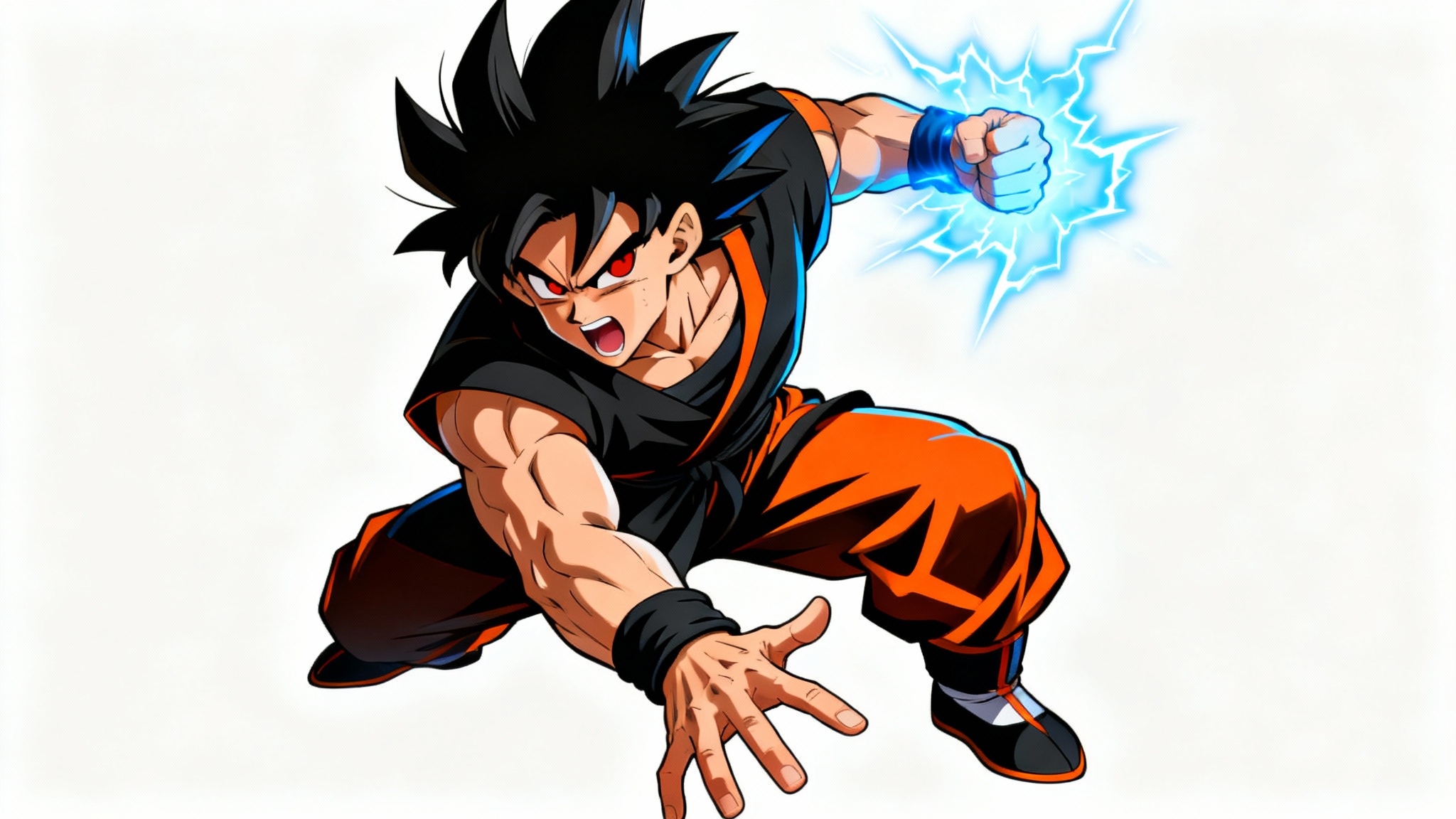 A full-body illustration of a male anime character with spiky black hair in a dynamic martial arts pose, crackling with blue energy against a white background.