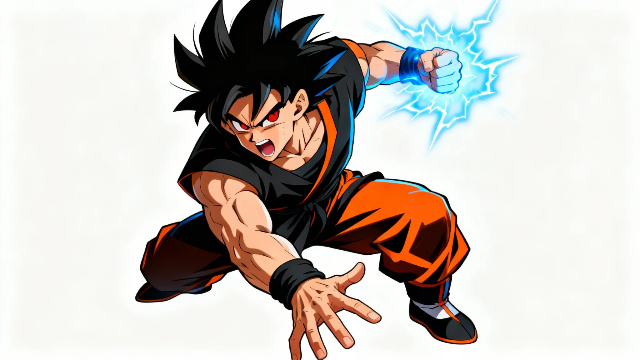 A full-body illustration of a male anime character with spiky black hair in a dynamic martial arts pose, crackling with blue energy against a white background.