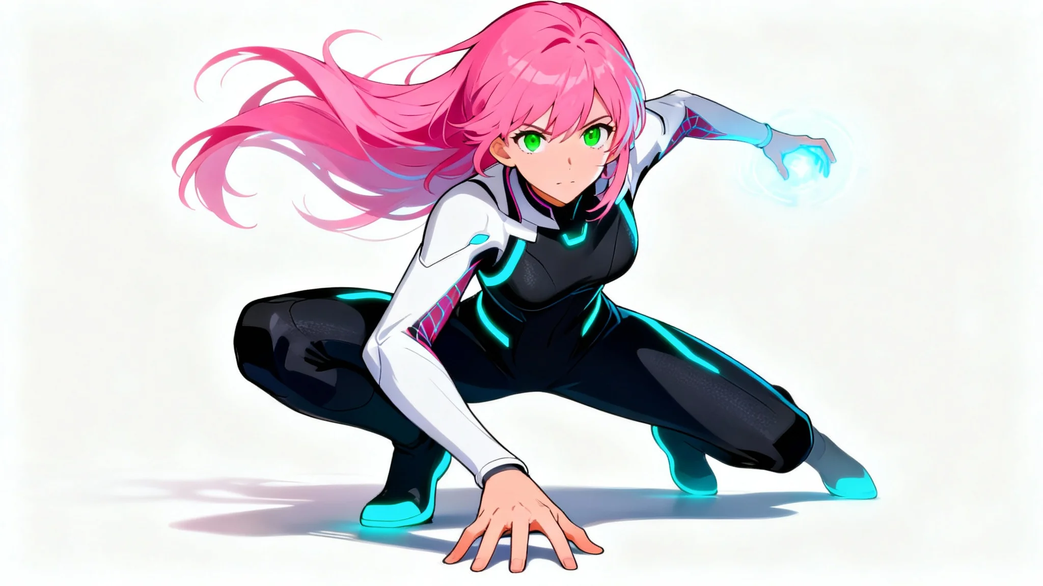 A full-body anime illustration of a female character in a dynamic crouching action pose against a white background. Her pink hair flows as she prepares to attack, her hand glowing with energy.