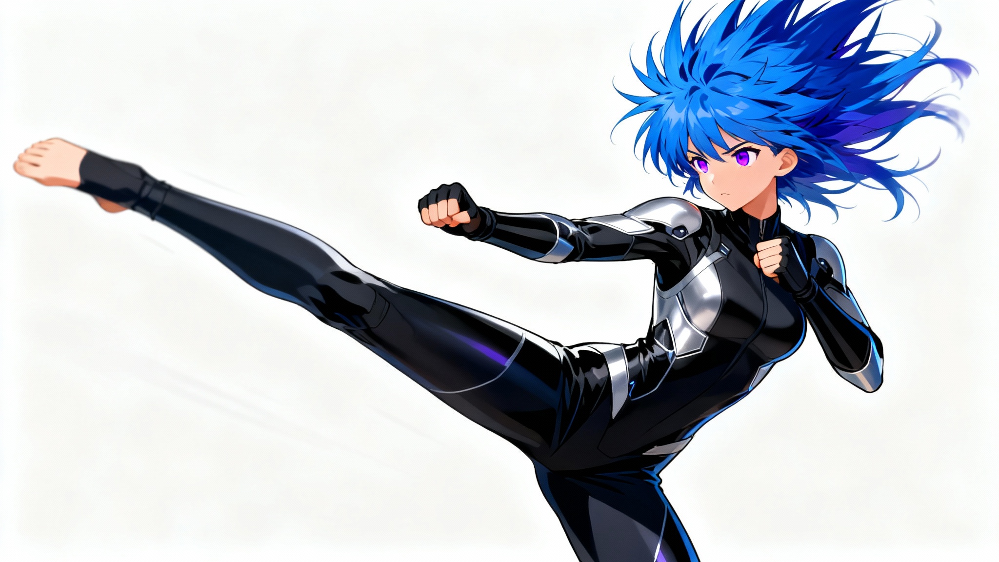 A full-body illustration of a female anime character with blue hair in a dynamic martial arts pose against a clean white background.