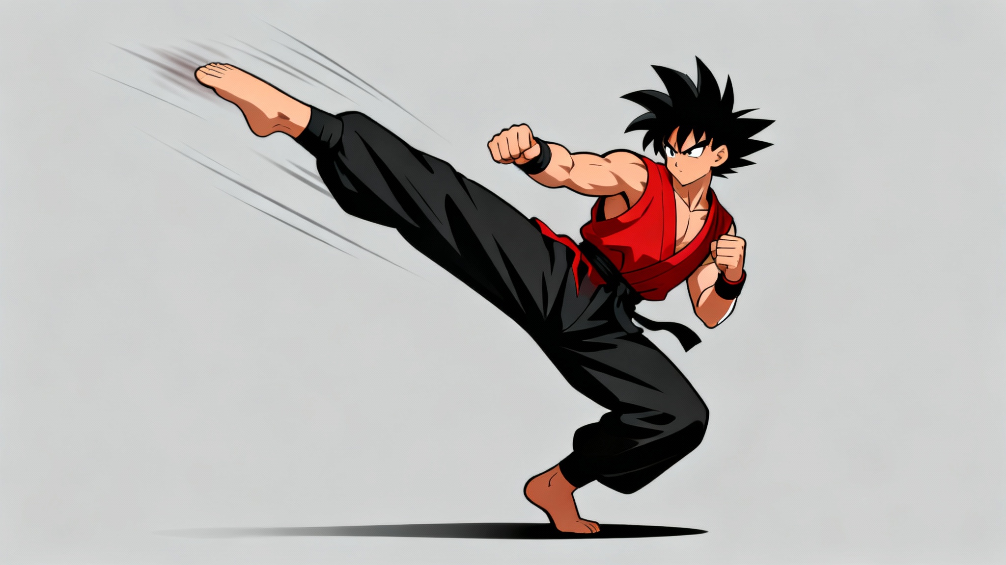 A male anime character in a red and black outfit performing a dynamic side kick against a plain, light gray background, illustrating a classic anime action pose.