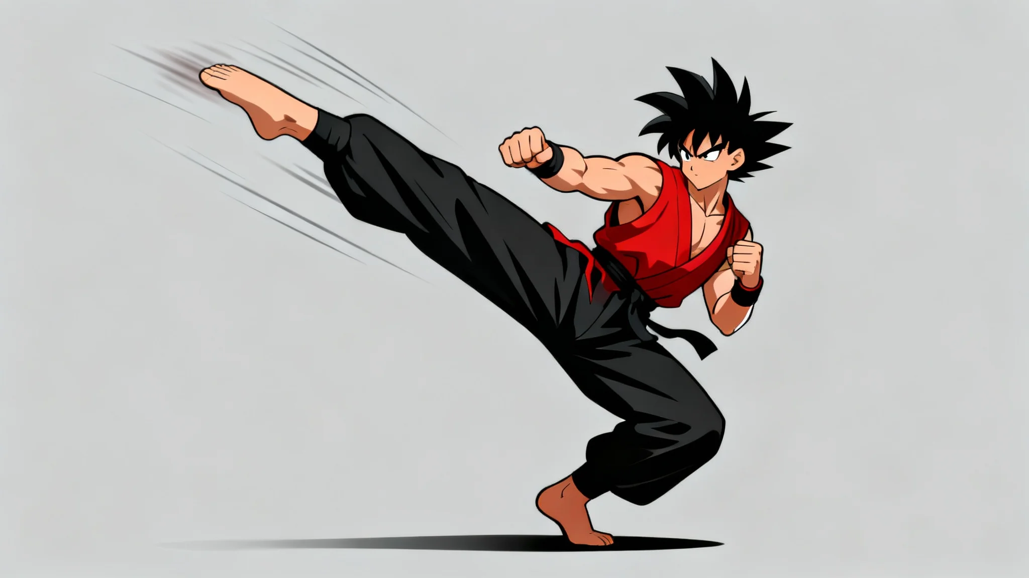 A male anime character in a red and black outfit performing a dynamic side kick against a plain, light gray background, illustrating a classic anime action pose.