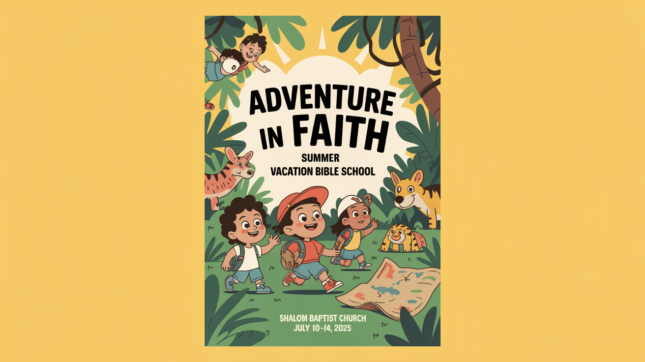 A professionally designed flyer for a 'Summer Vacation Bible School' with the theme 'Adventure in Faith', featuring colorful cartoon illustrations of children and animals on an adventure.