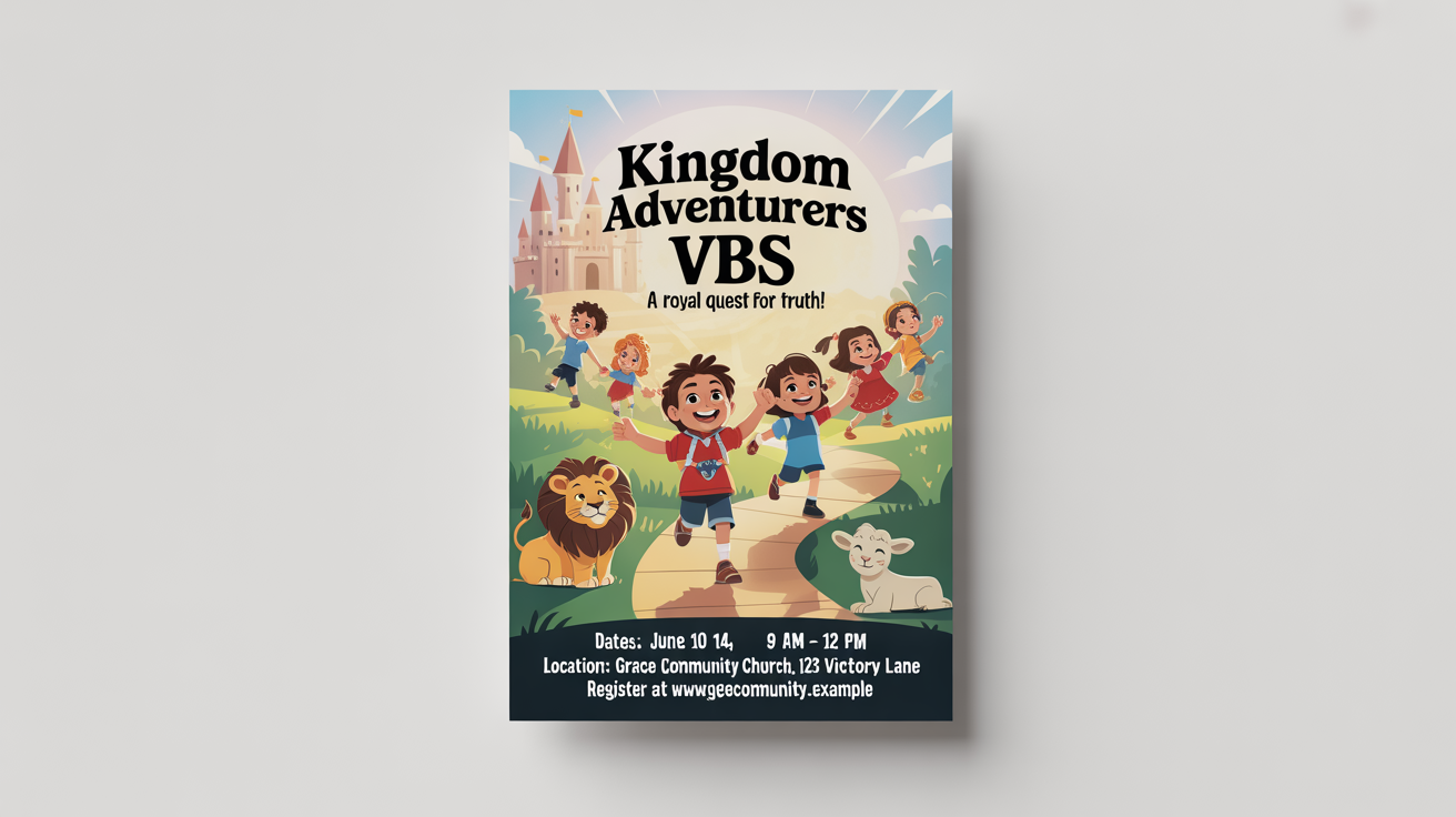 A mockup of a colorful Vacation Bible School flyer titled 'Kingdom Adventurers VBS'. The flyer features a cartoon illustration of happy children on a path to a castle and includes fictional event details.