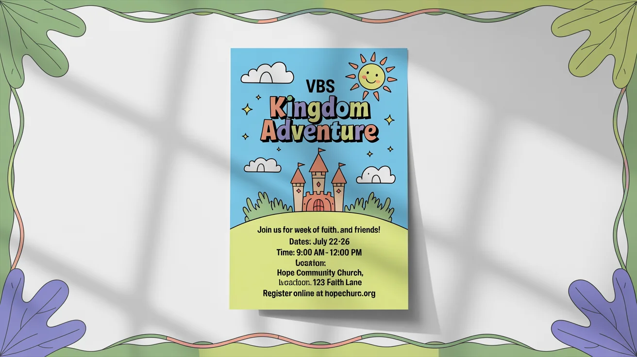 A colorful mockup of a Vacation Bible School flyer with a 'Kingdom Adventure' theme, featuring a castle illustration and event details, set against a plain white background.